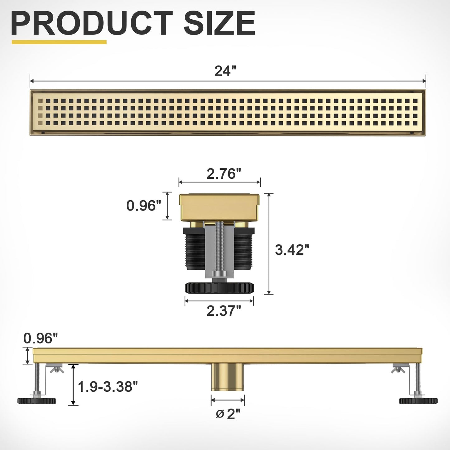 24-Inch Brushed Gold Linear Shower Drain, 304 Stainless Steel Long Linear Drain with Quadrato Pattern Grate, Rectangle Shower Floor Drain with Adjustable Feet, Hair Strainer, Fits Bathroom, Balcony
