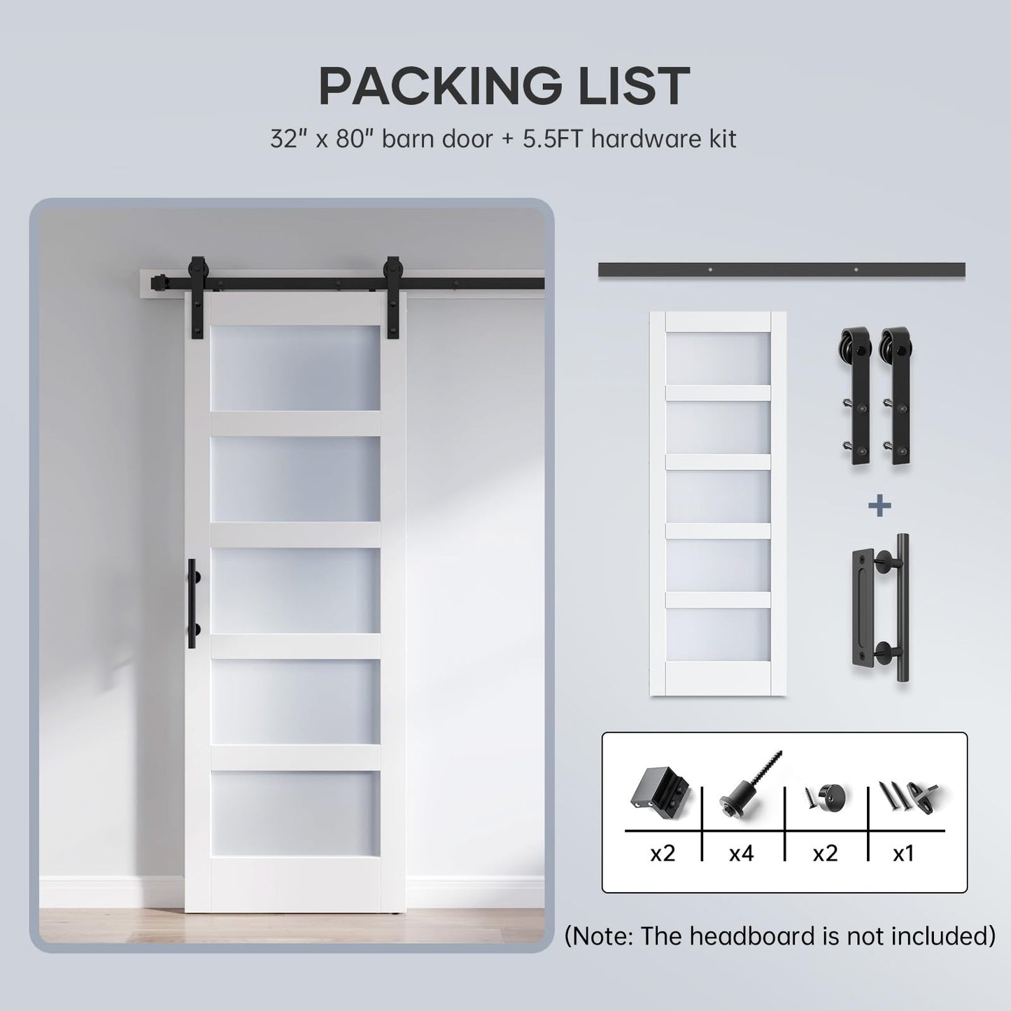 ROYMELO 32x80 Inch Glass Sliding Barn Door Slab and 5.5ft Hardware Kit Included, 5 Frosted Glass, LVL Wood Panel Covered with White Water-Proof Scratch-Proof PVC Surface, Simple DIY Assembly
