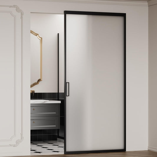 40 x 87 in Sliding Barn Door Concealed Rail, Softclose Glass Barn Door Matte Black, Easy Assembly Waterproof 5/16 in (8mm) Frosted Tempered Glass Privacy Protect, for 28"-36" Width and 75"-85" Height