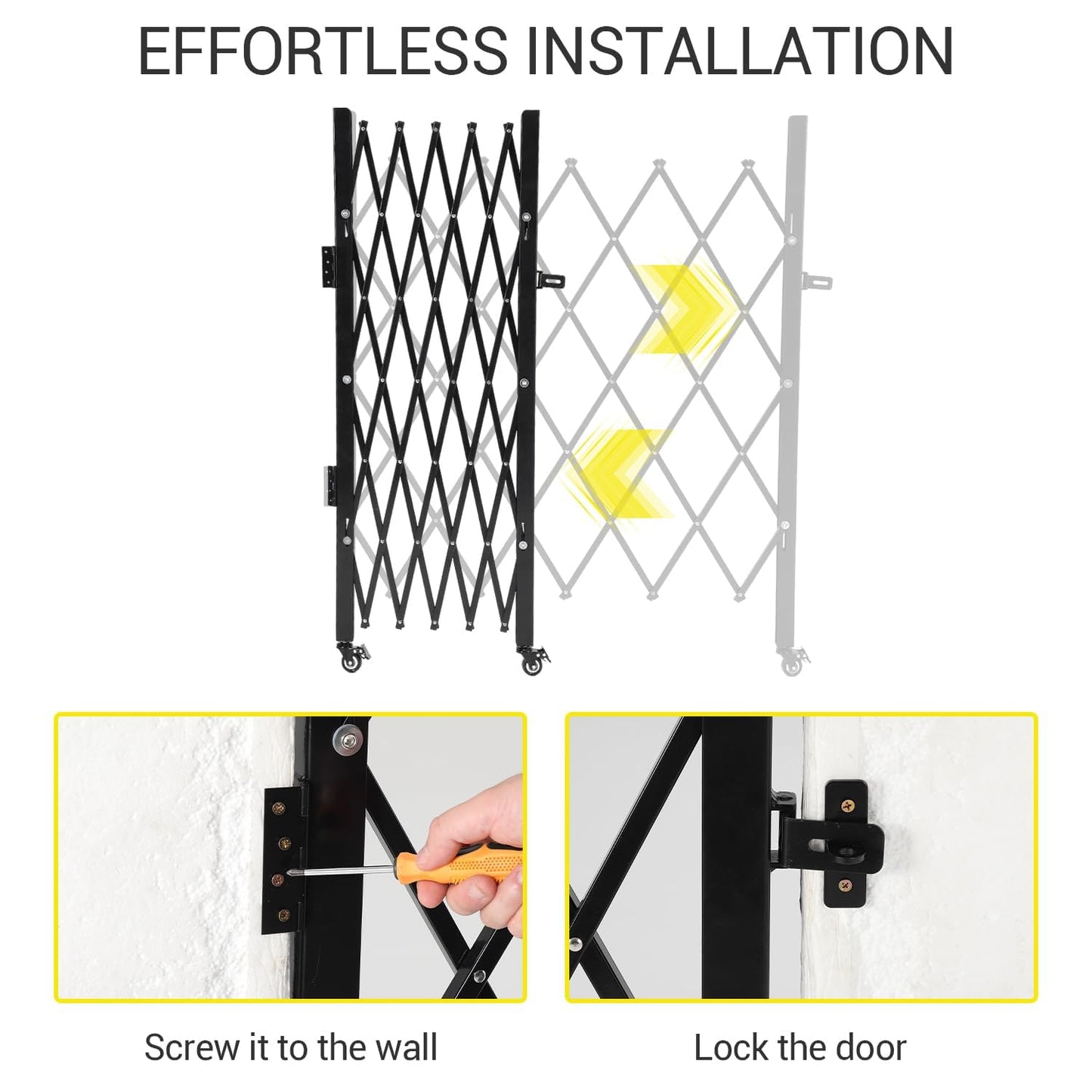 Single Expandable Gate, 64"H x 70"W Folding Security Door Gate, 360° Rolling Barricade Gate, Heavy-Duty Steel Outdoor Retractable Lockable Scissor Gates for Courtyards, Garages, Gardens, Pool