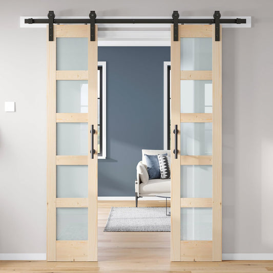 ROYMELO Double 18×84 inch Glass Sliding Barn Door Slab with 6.6ft Hardware Kit Included, 5-Panel Frosted Glass, Spruce Wood Support DIY Dyeing, Easy Assembly