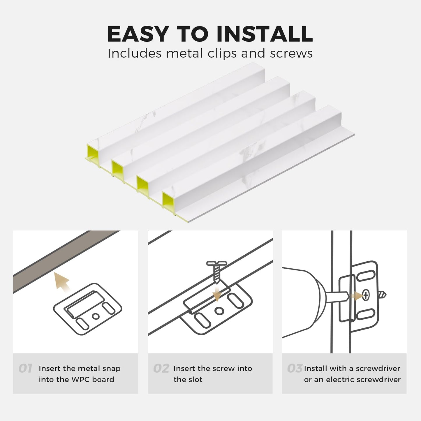 OUZUGIE WPC Acoustic Slat Wall Paneling, 8-Pack 114 x 6 Inches 3D Wall Panels for Interior Wall Decor,Living Room,TV Background,Study Room,Office Spaces,Bedroom,High Grille (White)