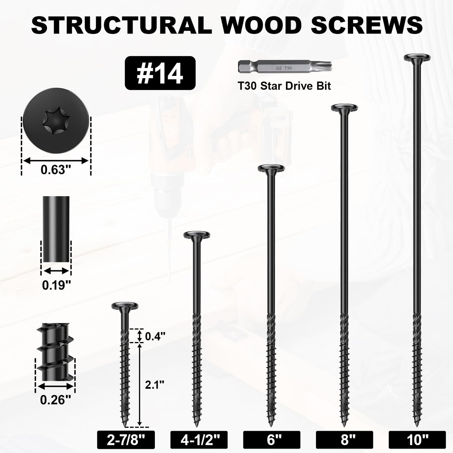 FMhotu #14 Heavy-Duty Wood Screws, Star Drive Deck Screws, Rust Resistant Timber Screws for Timber/Log/Landscaping Wood (2-7/8 Inch,50Pcs,Black)