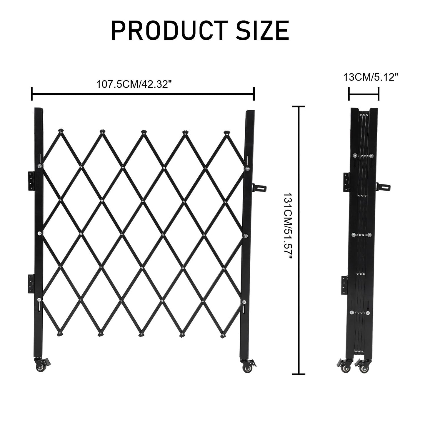 GarveeTech Single Folding Security Gate, 52" H x 42" W Lockable Scissor Gate with 360° Swivel Casters, Heavy-Duty Steel Outdoor Barricade Retractable Gates for Courtyards, Garages, Gardens, Pool