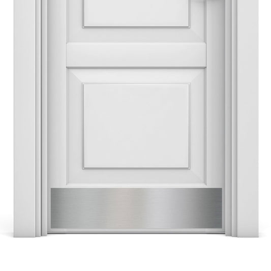 Deck The Door Decor Premium Door Kick Plate – Kwik Plate Mounting – No Drill Protective Door Plate for Interior & Exterior Doors - Made in USA - 6x30", Satin Nickel