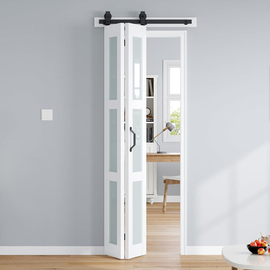 ROYMELO Bifold Barn Door 32x84 Inch (Double 16x84), White Frosted Glass Bifolding Doors with 36" Hardware Kit Included, Closet Sliding Wood Panel Slab, Save Space, Simple DIY Assembly