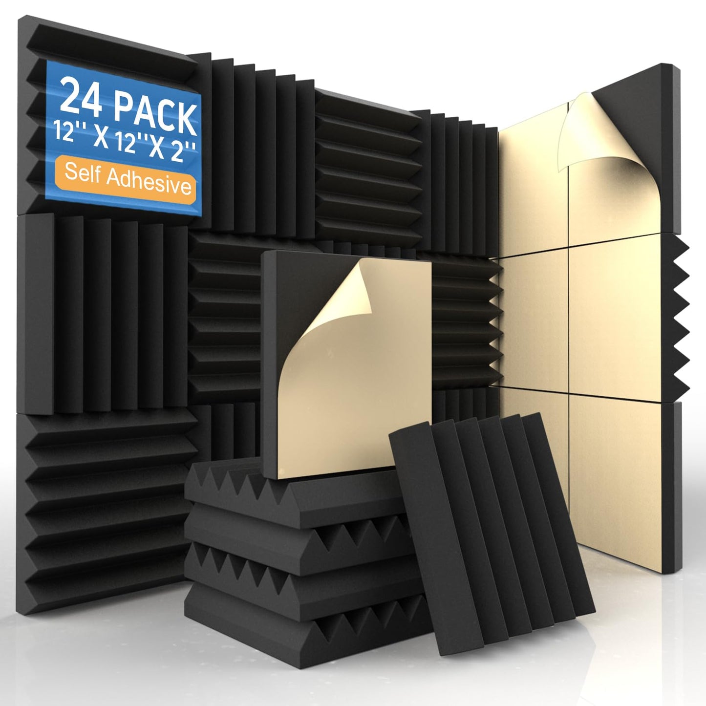 AUSLET 24 Pack Self-Adhesive Acoustic Foam Panels, 12 x 12 x 2 Inches High Density Wedge Sound Proof Foam Panels for Walls, Fire Resistant Soundproof Wall Panels for Home Office & Studio (Black)