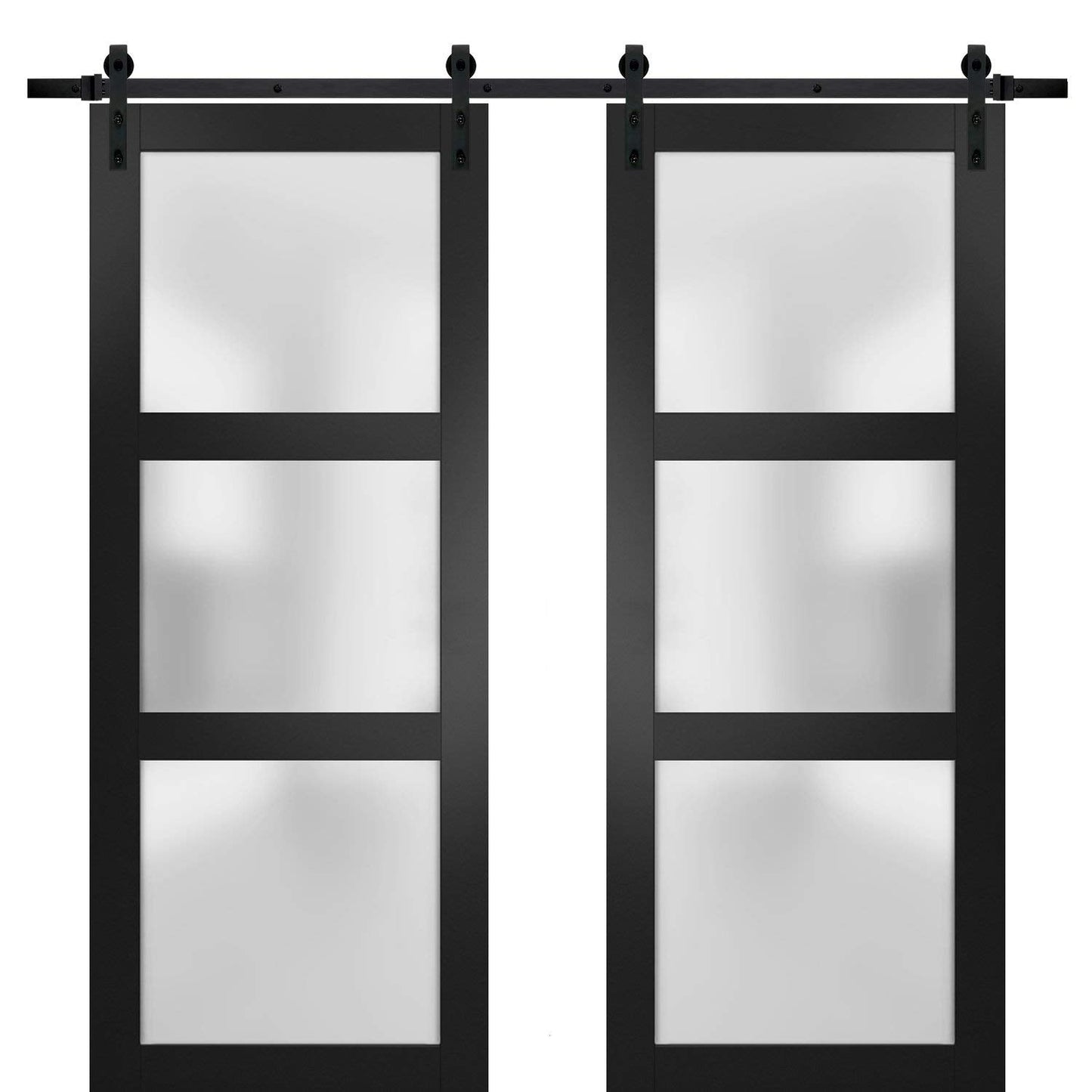 SARTODOORS Sturdy Double Barn Door with Frosted Glass | Lucia 2552 Black Matte | 13FT Rail Hangers Heavy Set | Solid Panel Interior Doors-48" x 80" (2 * 24x80)-Frosted Glass-Black Rail