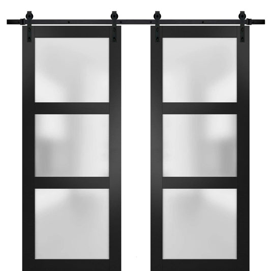SARTODOORS Sturdy Double Barn Door with Frosted Glass | Lucia 2552 Black Matte | 13FT Rail Hangers Heavy Set | Solid Panel Interior Doors-48" x 80" (2 * 24x80)-Frosted Glass-Black Rail