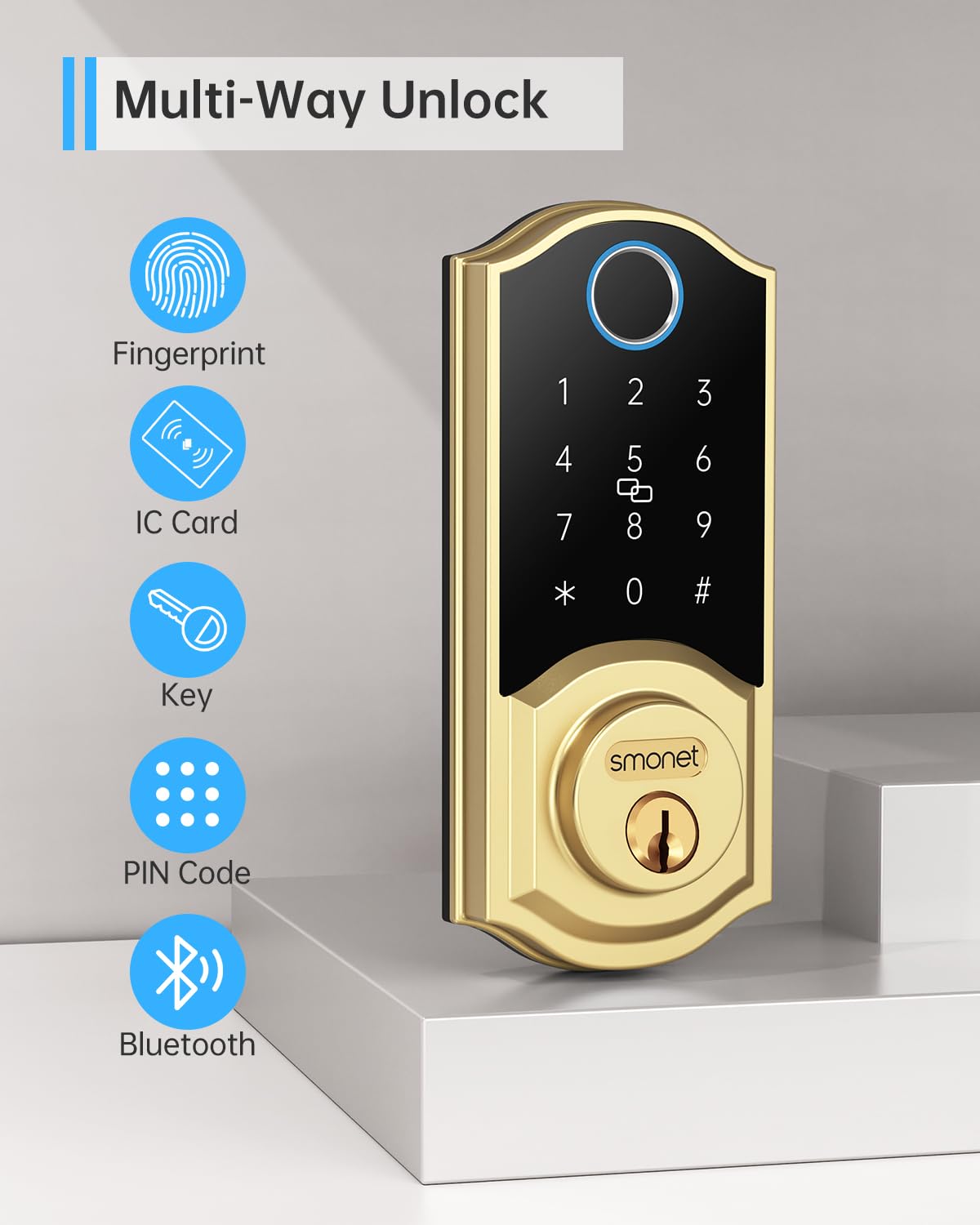 SMONET Smart Lock Brass Fingerprint Deadbolt, Keyless Entry Door Lock with App Remote Control,Electronic Touchscreen Keypad Biometric Smart Locks for Front Door,Auto Lock,Gold