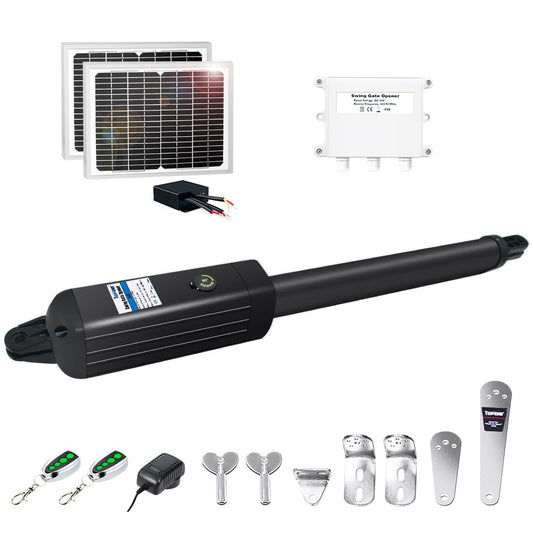 TOPENS A8S Automatic Solar Gate Opener for Heavy Duty Single Swing Gate Up to 18ft, Single Swing Gate Operator Battery Powered with Remote Control Kit Gate Motor Solar Panel Included