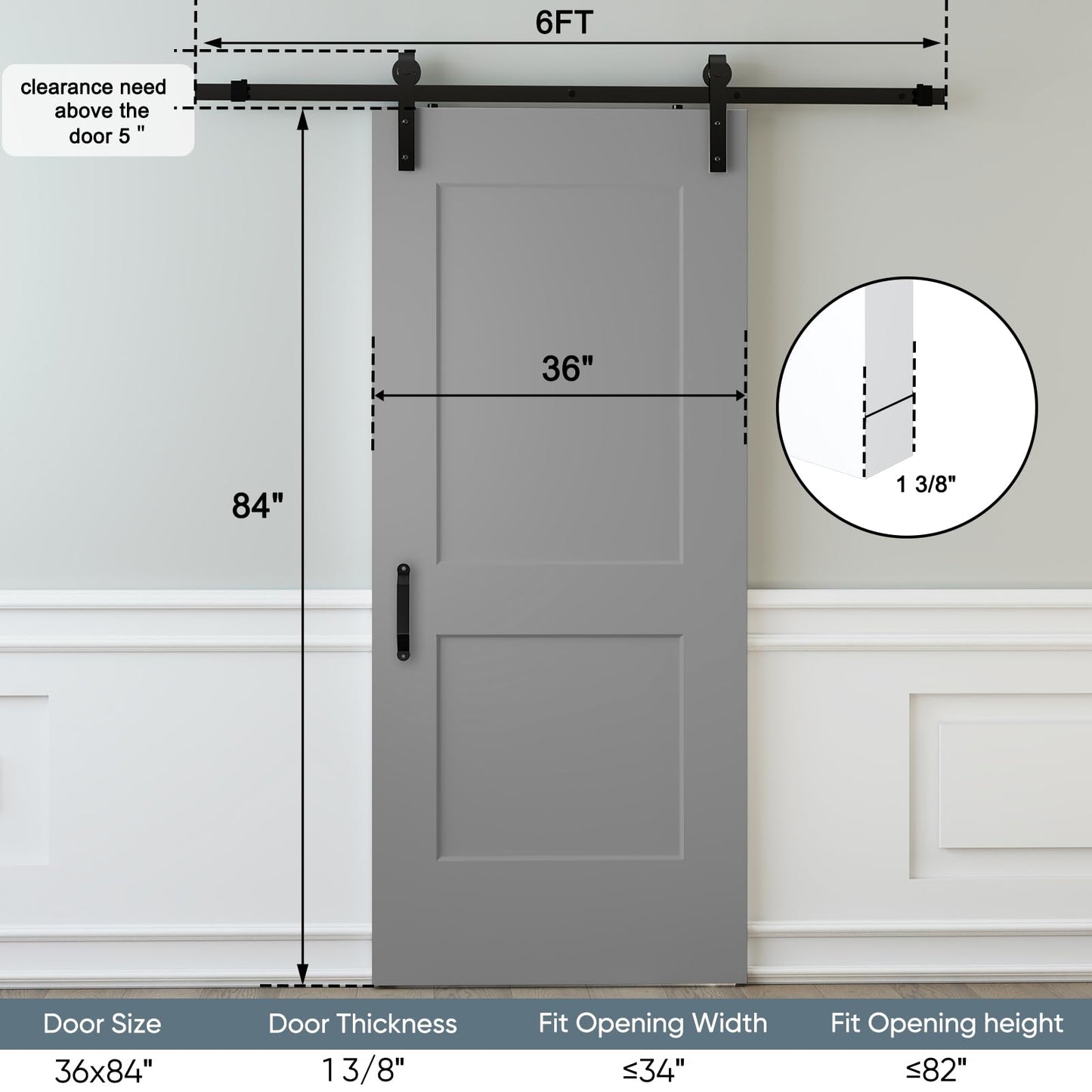 JUBEST 36"x84" Sliding Barn Door, 2-Panel White Primed Composite Interior Molded Door Slab with 6FT Hardware Kits & Handle, Preassembled Solid Core Panels with Paintable Surface, Durable & Sturdy