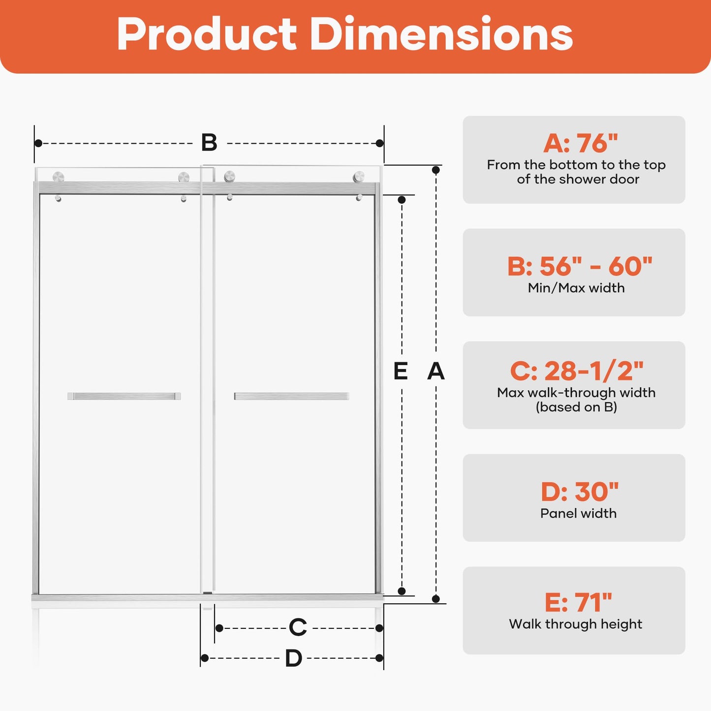 chunnwin Frameless Double Sliding Shower Door 56-60" W x 76" H, 1/4"（6mm） Tempered Glass Two Horizontal Handles Easy Clean Stainless Steel Hardware Brushed Nickel