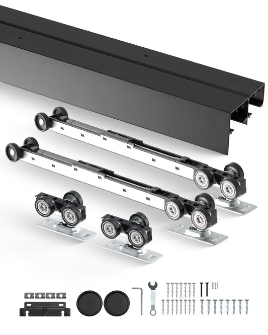 VEVOR Bypass Door Hardware, 8ft Heavy Duty Bypass Sliding Door Hardware Kit, Aluminum Alloy Sliding Closet Door Hardware Set with Finger Pulls, for 2 Door System, Fit Door Thickness 1 3/8" - 1 3/4"