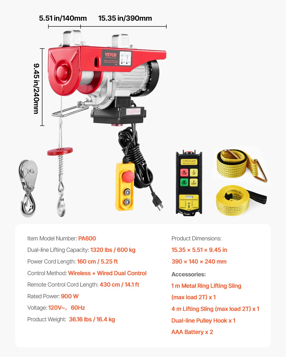 VEVOR Electric Hoist, 1320 lbs 120V Electric Winch with 328 ft Wireless & 14 ft Wired Remote Control, 40 ft Single Cable Lifting Height, Single/Double Slings, Lift Hoist for Garage Warehouse Factory
