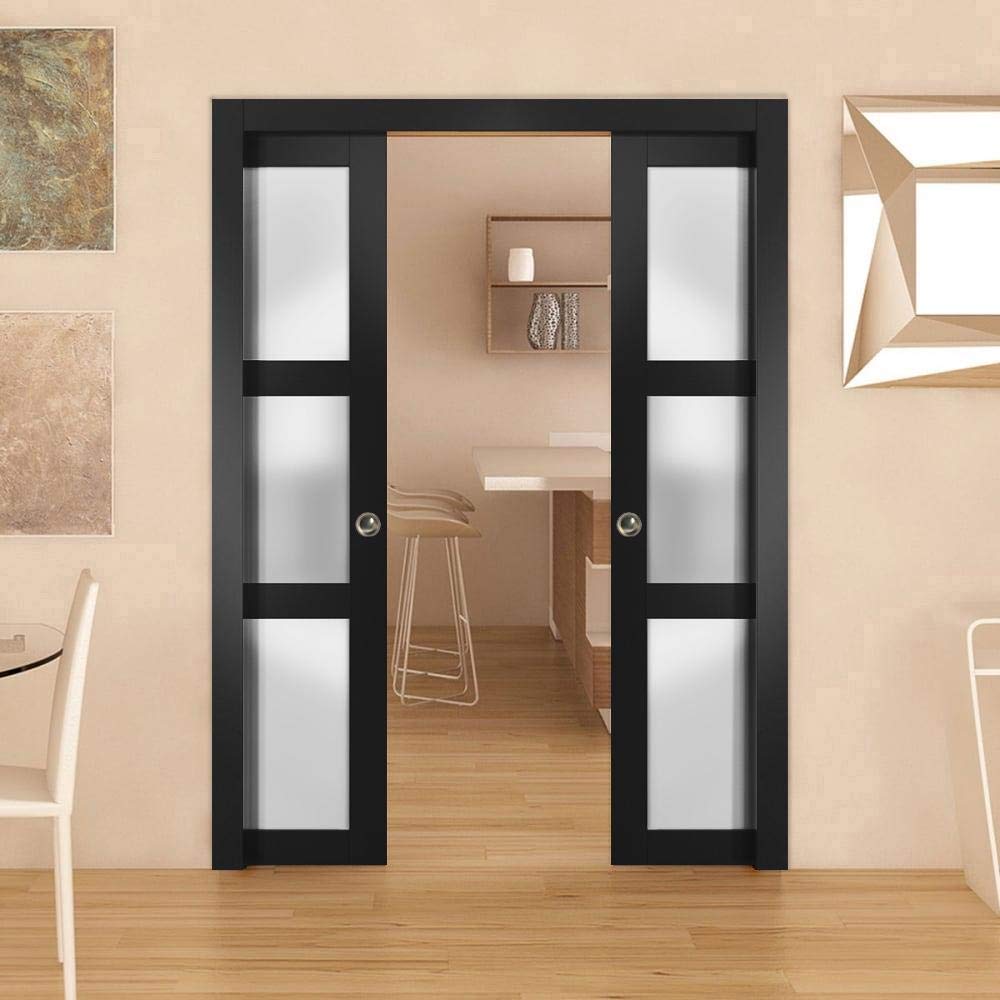 SARTODOORS Slab Barn Door Panel Frosted Glass | Lucia 2552 Black Matte | Sturdy Finished Doors | Pocket Closet Sliding-18 x 84"-Frosted Glass