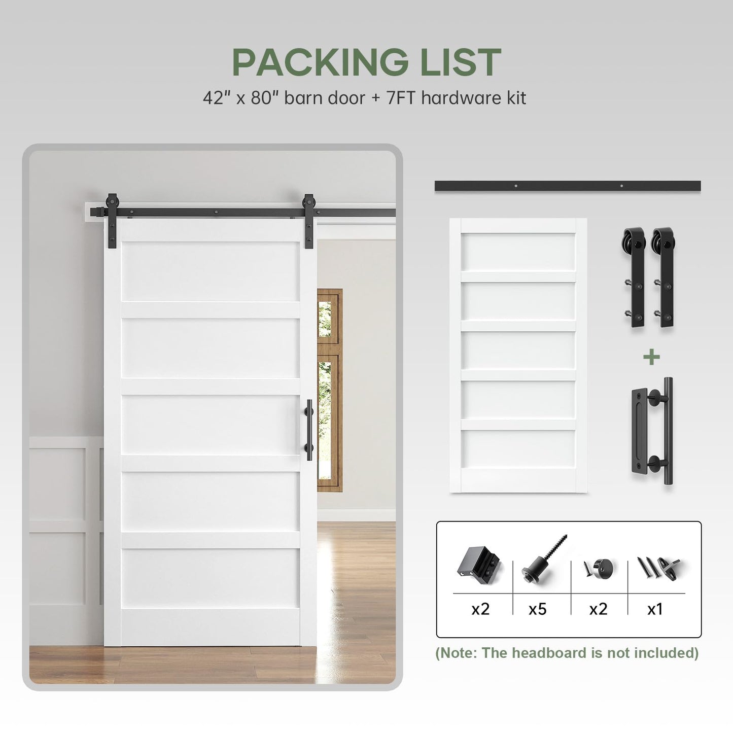 ROYMELO 42x80 Inch White Sliding Barn Door Slab with 7ft Hardware Kit Included, 5-Panel, MDF Wood Panel Covered with Water-Proof Scratch-Proof PVC Surface, Simple DIY Assembly