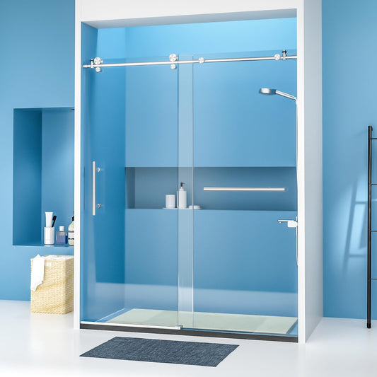POTOUZHI Shower Door 60" W x 74" H Frameless Sliding Shower Door, Shower Glass Door with 1/4 Inch Clear Tempered Glass, Explosion-Proof Film, Stainless Steel Hardware, Brushed Nickel