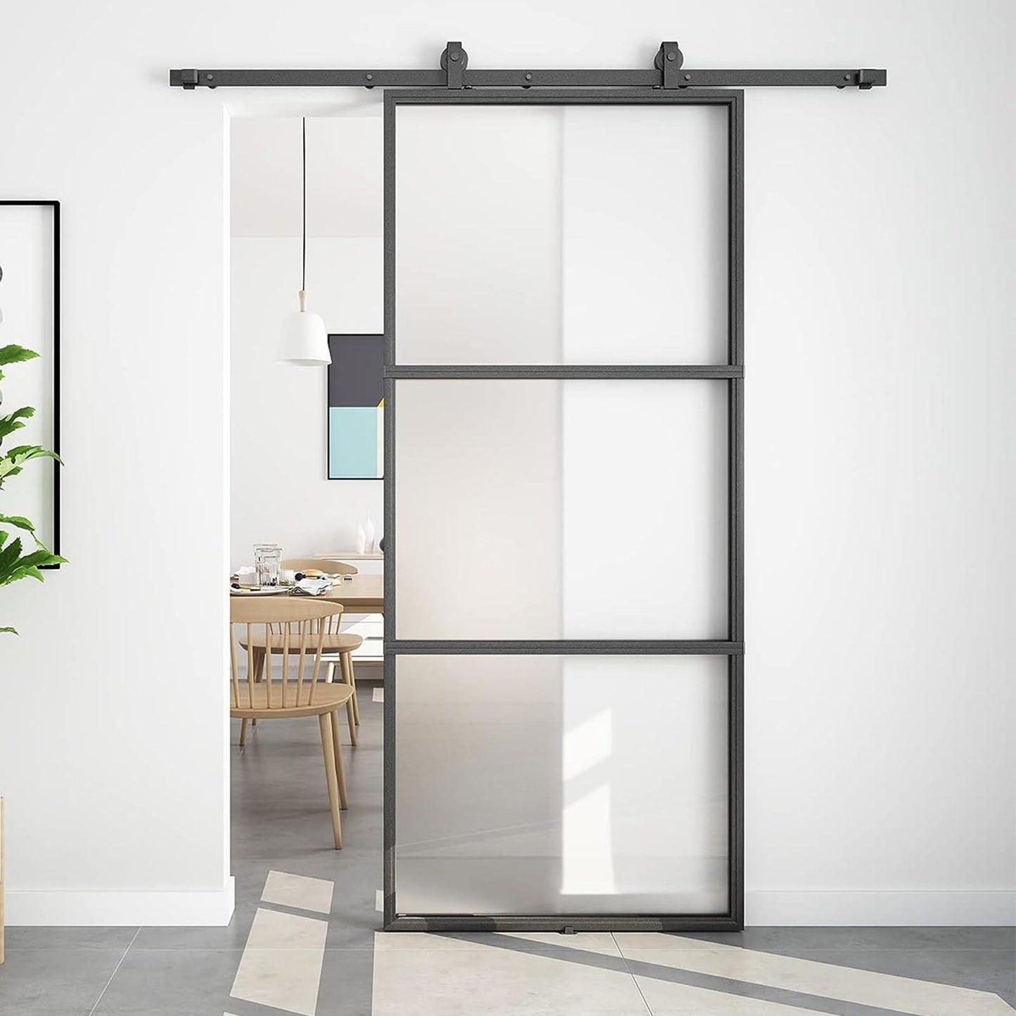 BARNSMITH 36in x 84in Frosted Glass Barn Door with 6FT Top Mounted Hardware kit Include Soft Close Mechanism Black Carbon Steel Tempered Frosted Glass Sliding Door, Assemble Required Easy Installation