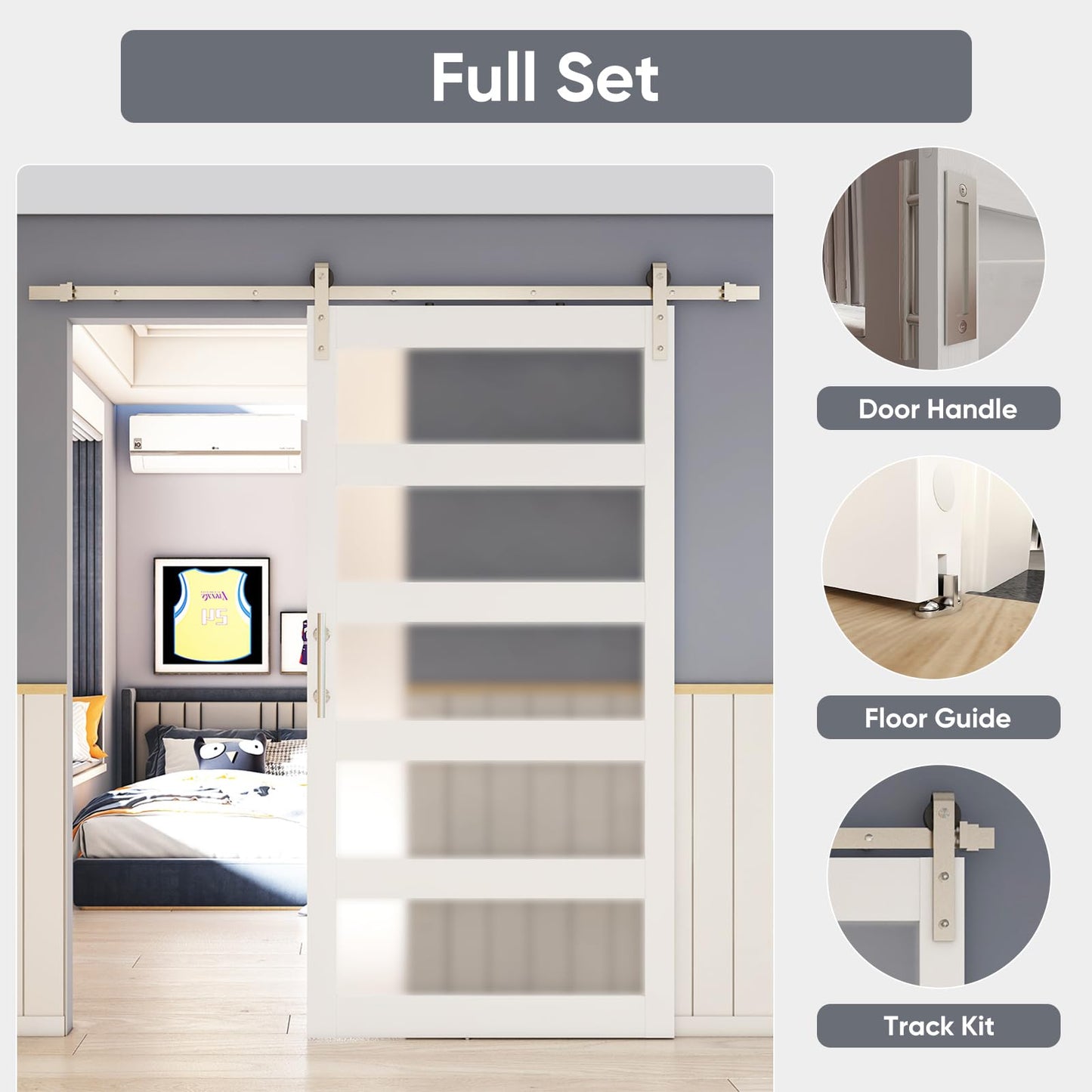 BARNSMITH 36in x 80in 5-Panel Glass Barn Door with 6.6FT Brushed Nickle Sliding Door Hardware Included & Handle, Frosted Glass Solid Wood Water-Proof PVC Surface,Pre-Drilled Easy Assembly,White