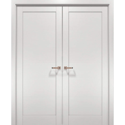 SARTODOORS French Double Interior Doors 48 x 80 with Hardware | Quadro 4111 White Ash | Panel Frame Trims | Bathroom Bedroom Interior Sturdy Door