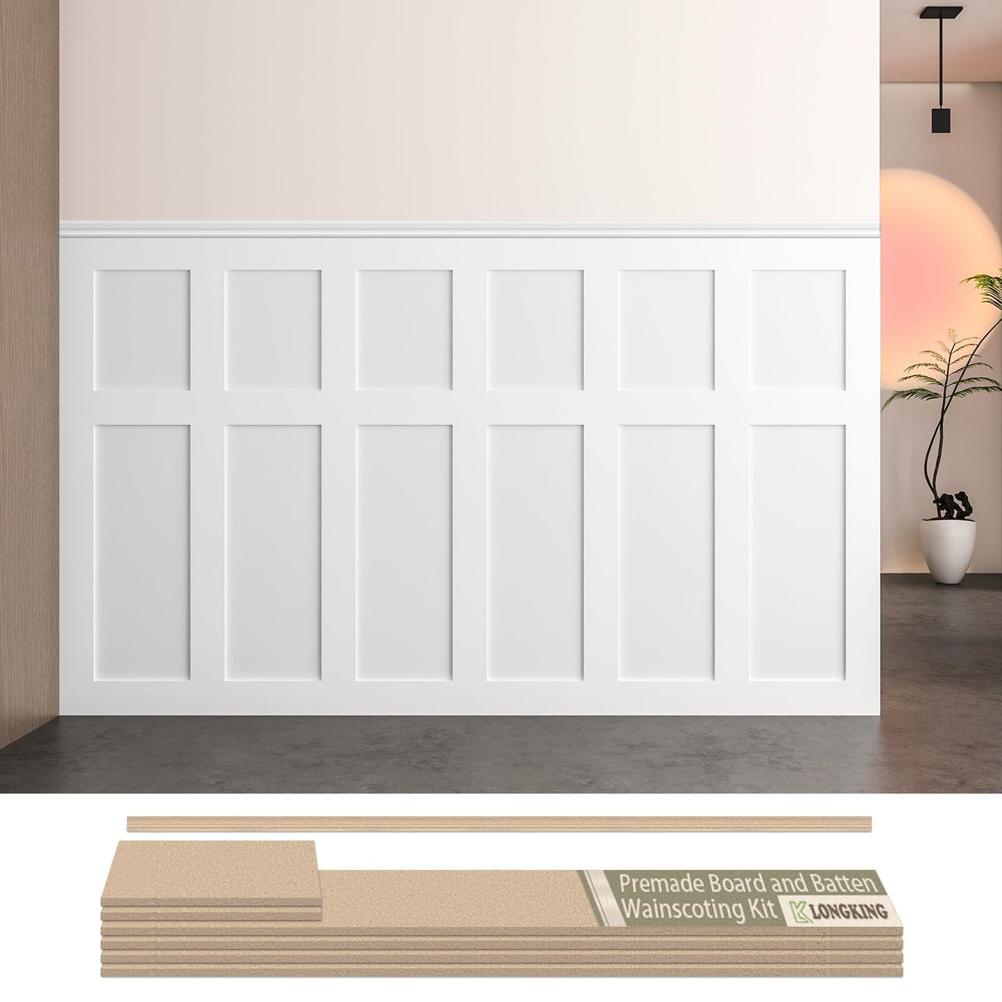 LONGKING Premade Board and Batten Wainscoting Kit, MDF Paintable Accent Wall Panels with Edge Trim, Pre-Cut Ready to Assemble Moulding for Interior Home Decor, Covers 93.93 x 56 in.