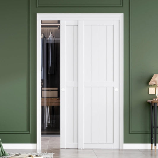 FREDBECK Sliding Closet Doors 48x80(Double 25inch),Bypass Barn Door with Hardware,for Bedroom,White,H Frame,Assemble Required