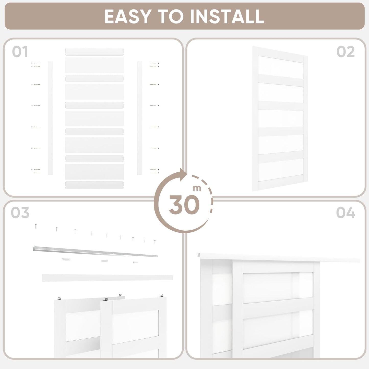 JUBEST Sliding Closet Door 72"(Double 37") x 80", 5-Lite Frosted Glass Bypass Door with Hardware Kit & Matching Fascia, Pre-Drilled Solid Wood Slab with Water-Proof PVC Surface, Easy to Install, White