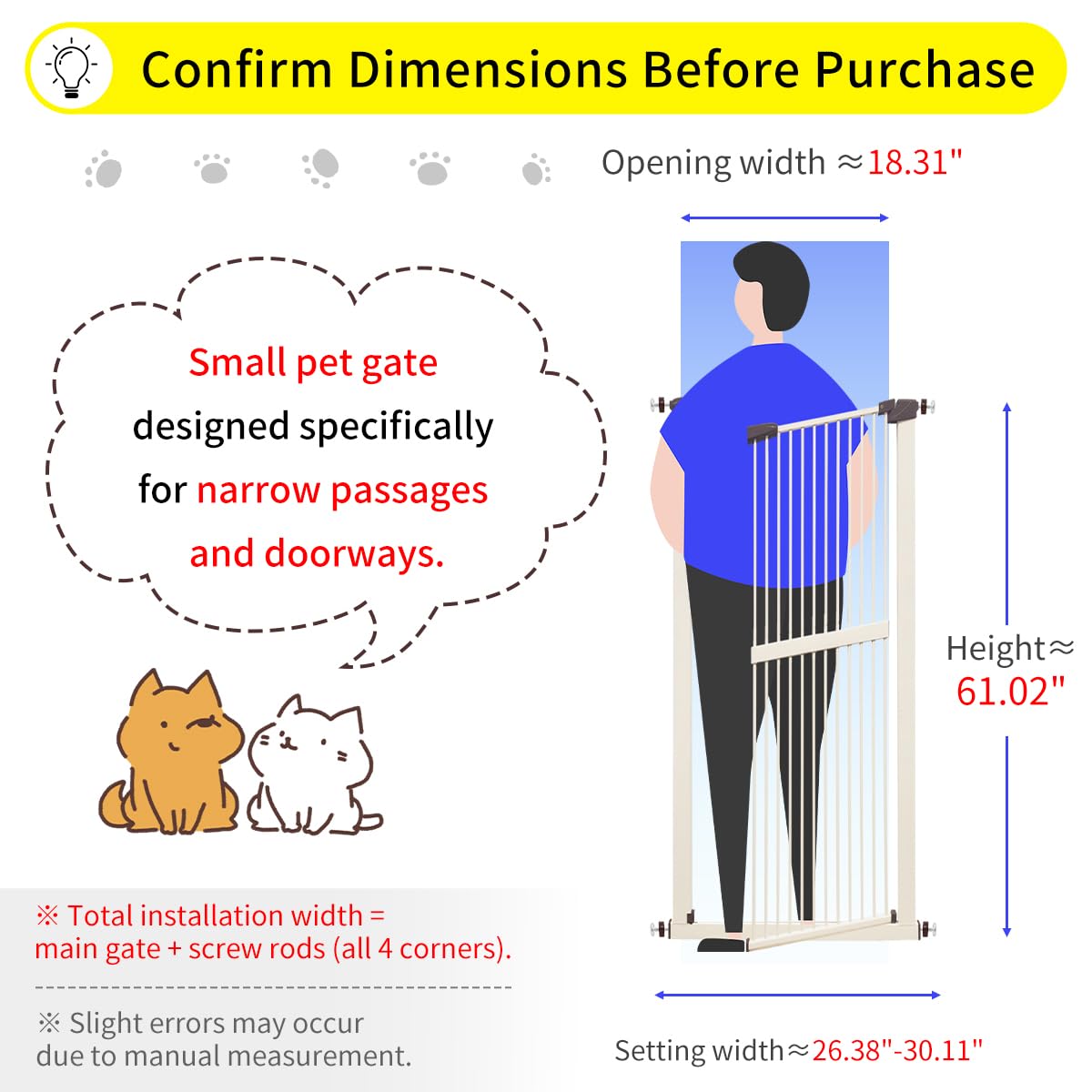 Lumizone Extra Tall Cat Gate 61.02" High Pressure Mounted Extra Wide 26.38"-30.11" (17Sizes) 1.37" Gap No Drilling Auto-Close Tall Pet Gate for Dogs (Cream, 26.38"-30.11" W)