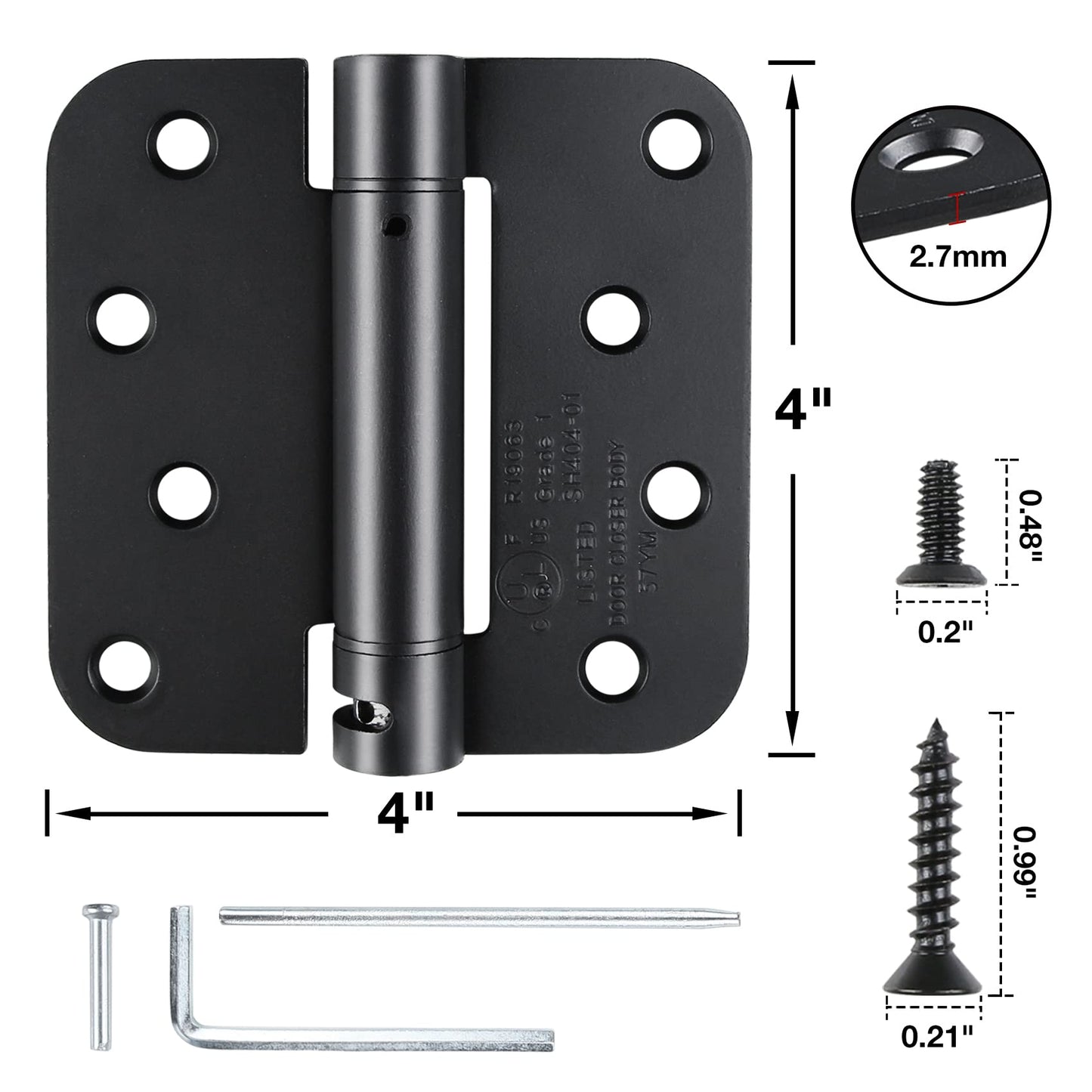 KIW Matte Black Modern 4x4x5/8 Steel Mortise Spring Hinges, 4 Pack, Self-Closing, Soft Close, 8 Holes, 1-3/4" Thick, Adjustable Tension