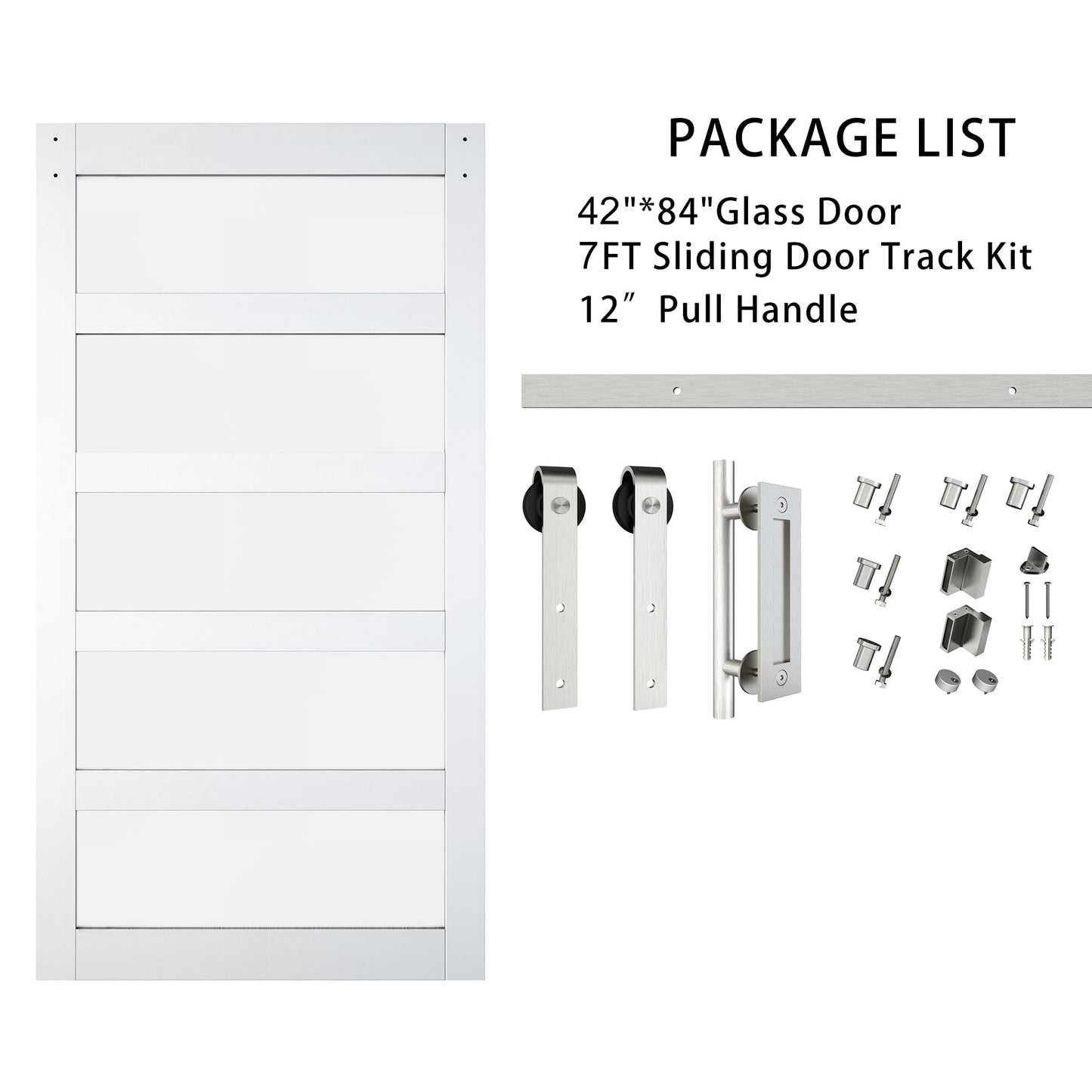 BARNSMITH 42in x 84in Glass Barn Door with 7FT Brushed Nickle Sliding Door Hardware Kit Included & Handle,5-Panel Frosted Glass Solid Wood Water-Proof PVC Surface,Pre-Drilled Easy Assembly,White