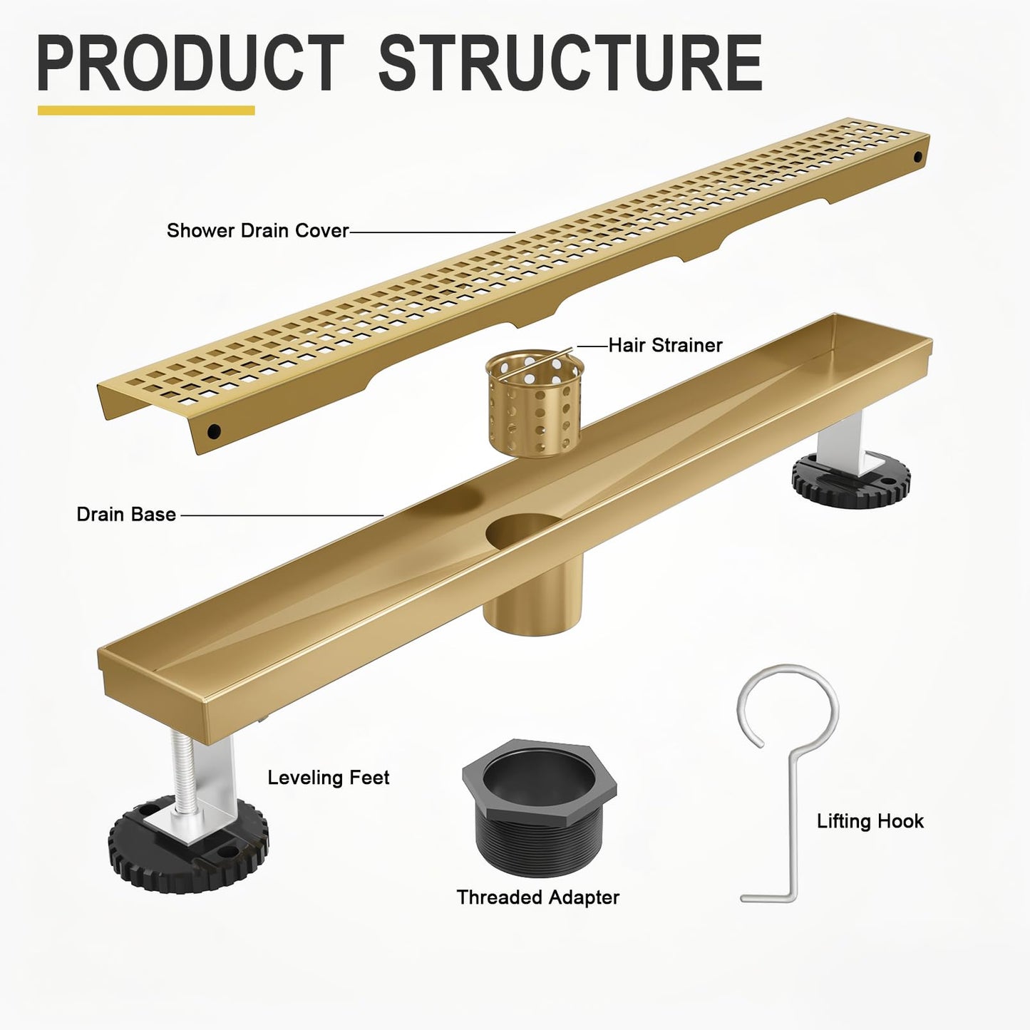 24-Inch Brushed Gold Linear Shower Drain, 304 Stainless Steel Long Linear Drain with Quadrato Pattern Grate, Rectangle Shower Floor Drain with Adjustable Feet, Hair Strainer, Fits Bathroom, Balcony