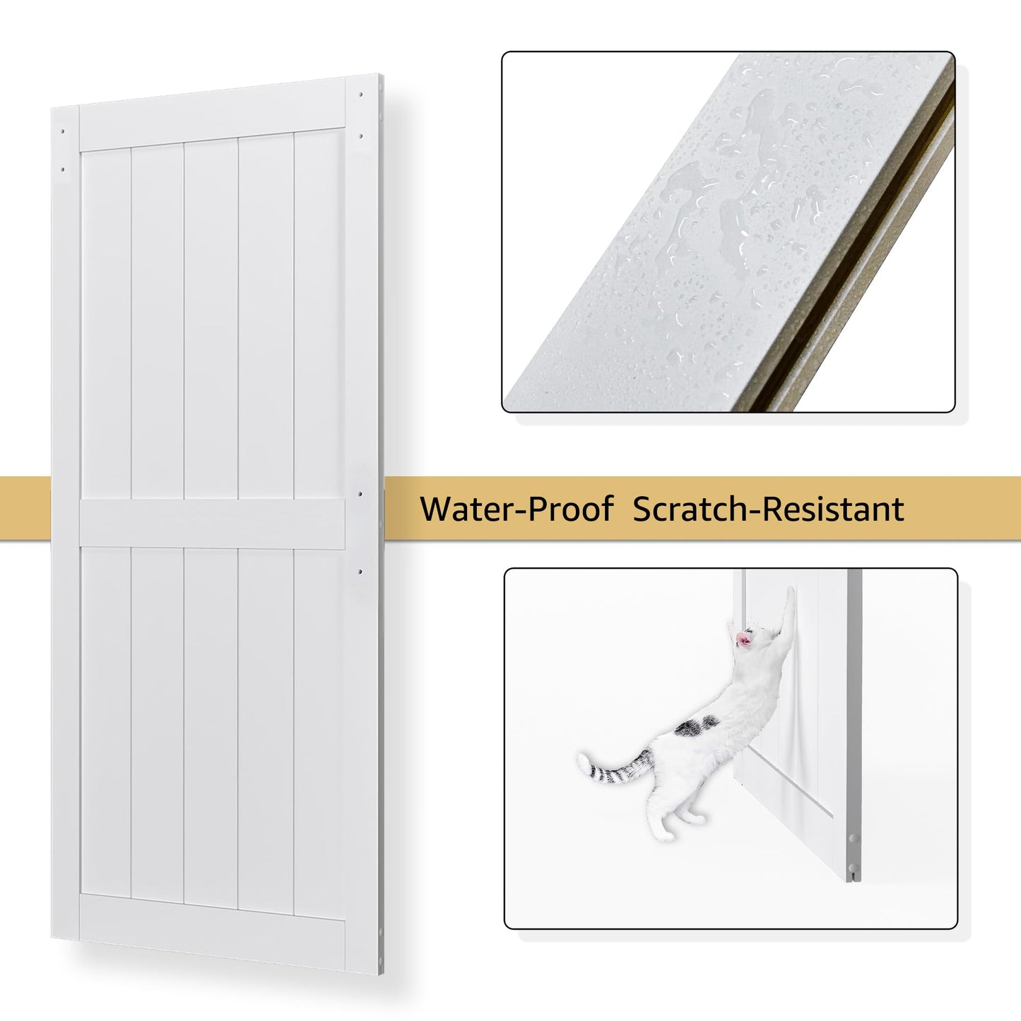 COSHOMER 28" x 84" Bypass Barn Door, Sliding Barn Door with 5FT Track Hardware Kit Included, H Shape Solid Core MDF Barn Doors, Waterproof PVC Surface, Save Space, Easy to Install, White