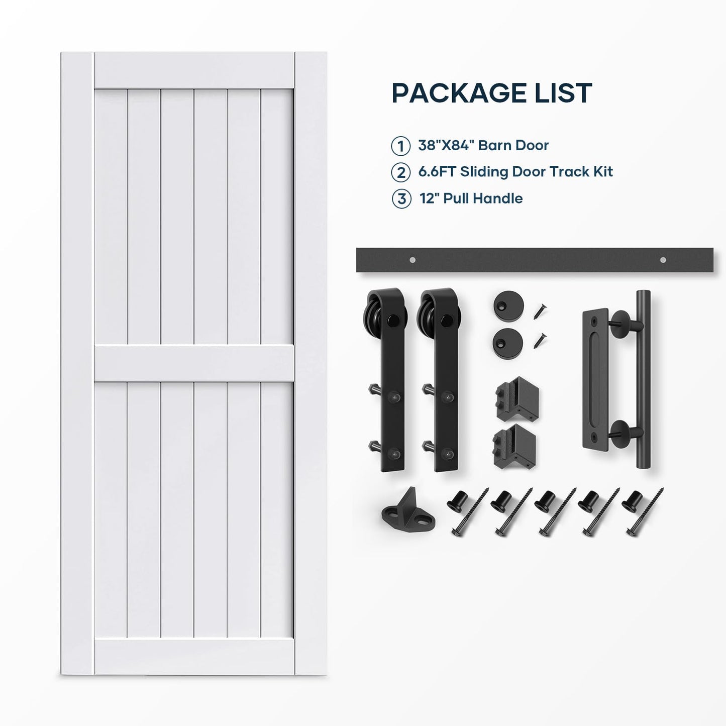 EaseLife 38 x 84 inch White Barn Door with 6.6FT Sliding Door Hardware Kit Included & Handle,Solid Wood Covered with Waterproof PVC Surface,DIY Assemblely,Easy Install,H-Frame,Fit 34-36in Wide Opening