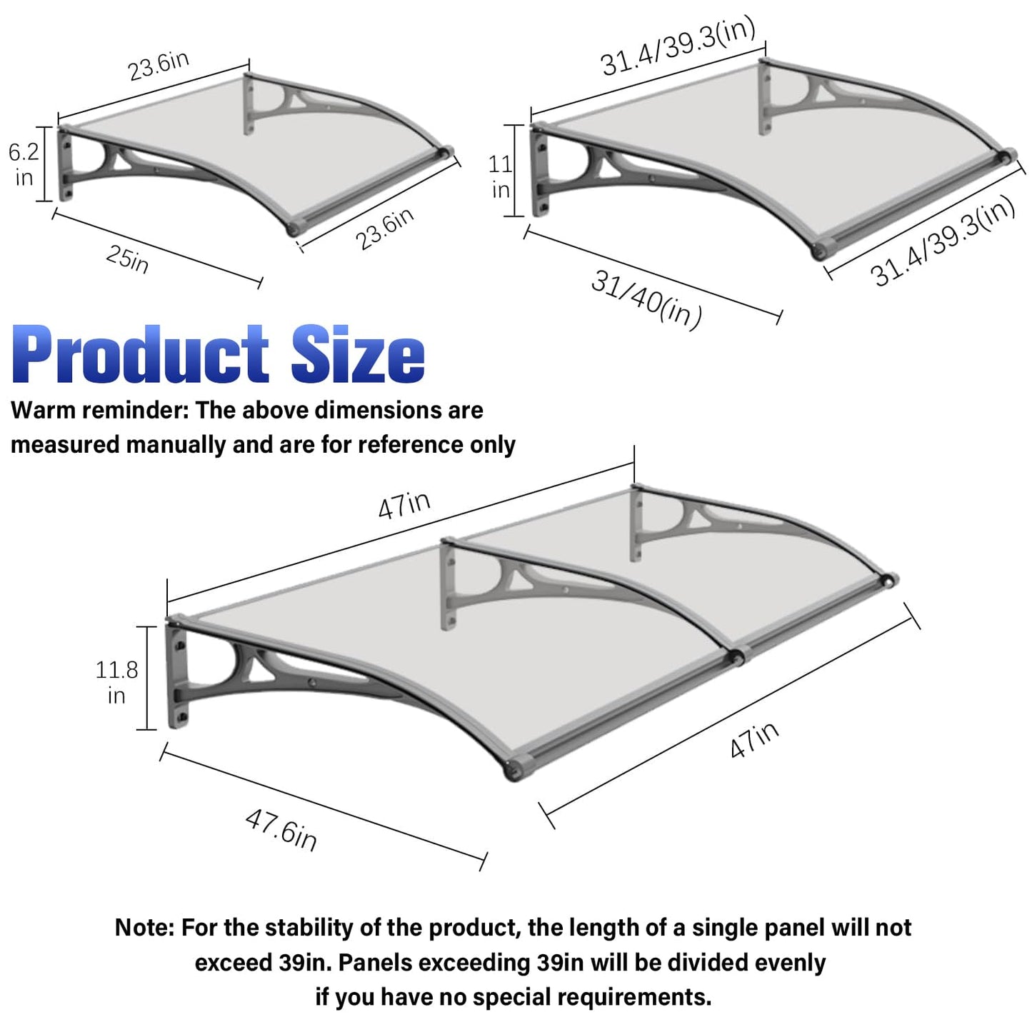 Awning for Door Entrance, Aluminum Window Awnings Exterior for Doors Canopy, Polycarbonate Cover Outdoor Front Doors UV/Rain/Snow Protection, Easy to Install, Gray Board (24x48in)
