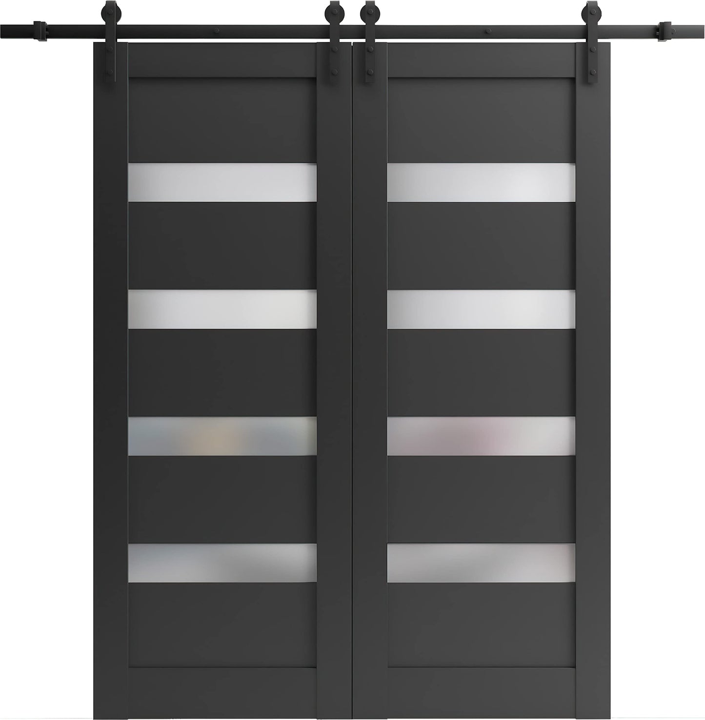 SARTODOORS Sliding Double Barn Doors with Hardware | Quadro 4113 Matte Black with Frosted Opaque Glass | 13FT Rail Sturdy Set | Interior Bedroom Bathroom Door-48" x 80" (2 * 24x80)-Black Rail