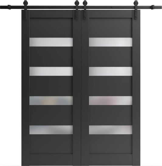 SARTODOORS Sliding Double Barn Doors with Hardware | Quadro 4113 Matte Black with Frosted Opaque Glass | 13FT Rail Sturdy Set | Interior Bedroom Bathroom Door-48" x 80" (2 * 24x80)-Black Rail