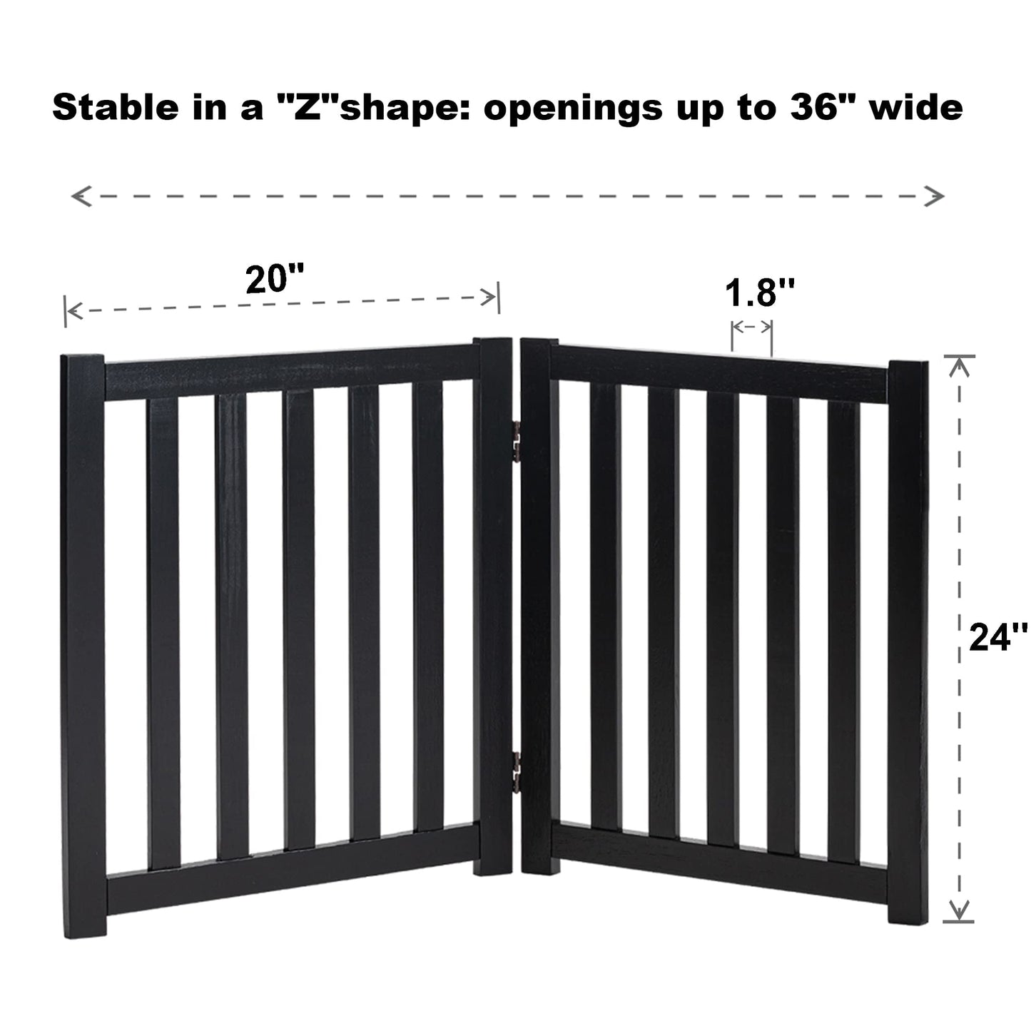 LZRS 2-Panel Wooden Free Standing Foldable Dog Gate Indoor – Solid Hardwood 24" High, Step-Over Safety Pet Gate for Doorways, Stairs & Small Spaces - Indoor Use, Black