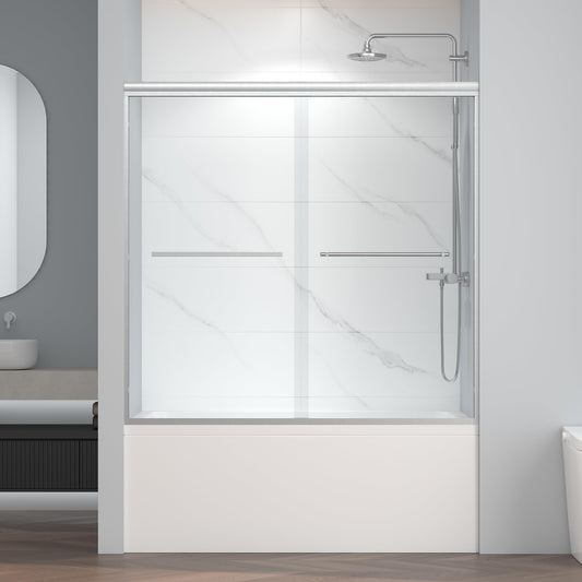ENSO SENKA 60" W x 58" H Semi-Frameless Bypass Sliding Bathtub Shower Door, Easy-to-Clean Treated Clear Tempered Glass, Brushed Nickel