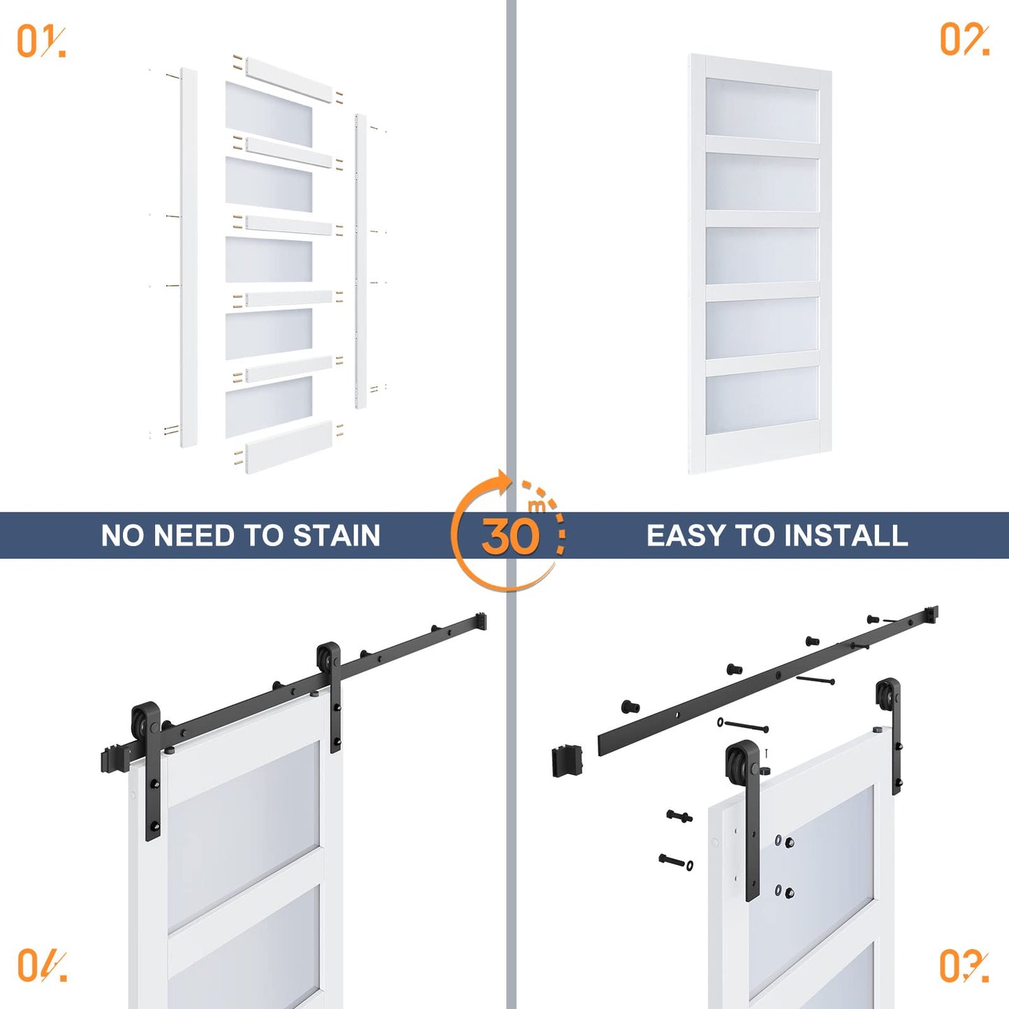 ROYMELO 28x84 Inch Glass Sliding Barn Door Slab and 5ft Hardware Kit Included, 5 Frosted Glass, LVL Wood Panel Covered with White Water-Proof Scratch-Proof PVC Surface, Simple DIY Assembly