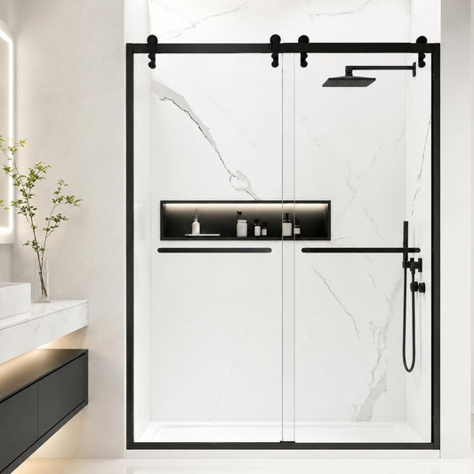 Shower Door 56-60" W x 76" H Double Sliding Shower Door, 5/16" (8mm) Shower Glass Door Easy-to-Clean Treated Clear Tempered SGCC Glass, Stainless Steel Frame & Roller Disk System, Matte Black Finish