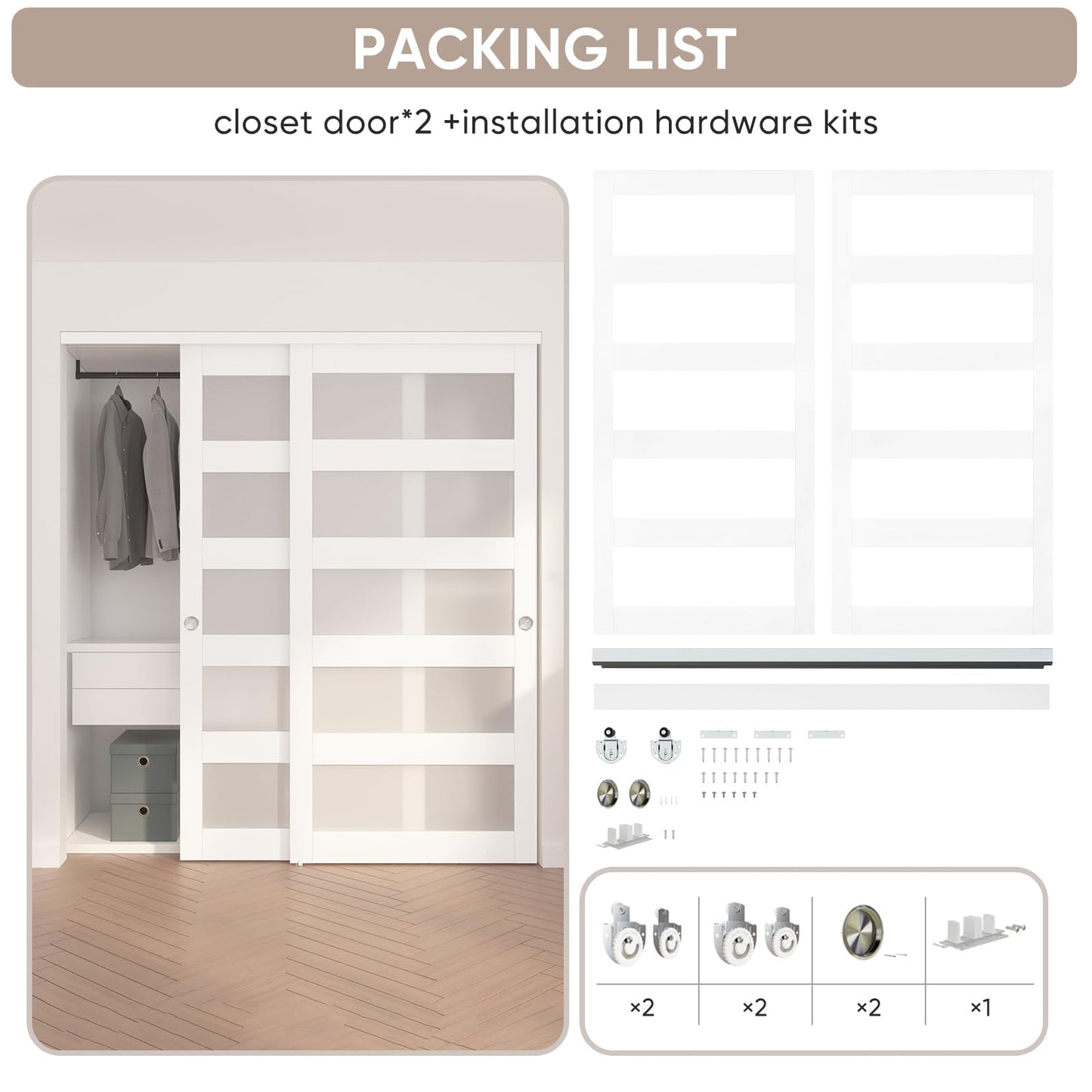 JUBEST Sliding Closet Door 72"(Double 37") x 80", 5-Lite Frosted Glass Bypass Door with Hardware Kit & Matching Fascia, Pre-Drilled Solid Wood Slab with Water-Proof PVC Surface, Easy to Install, White