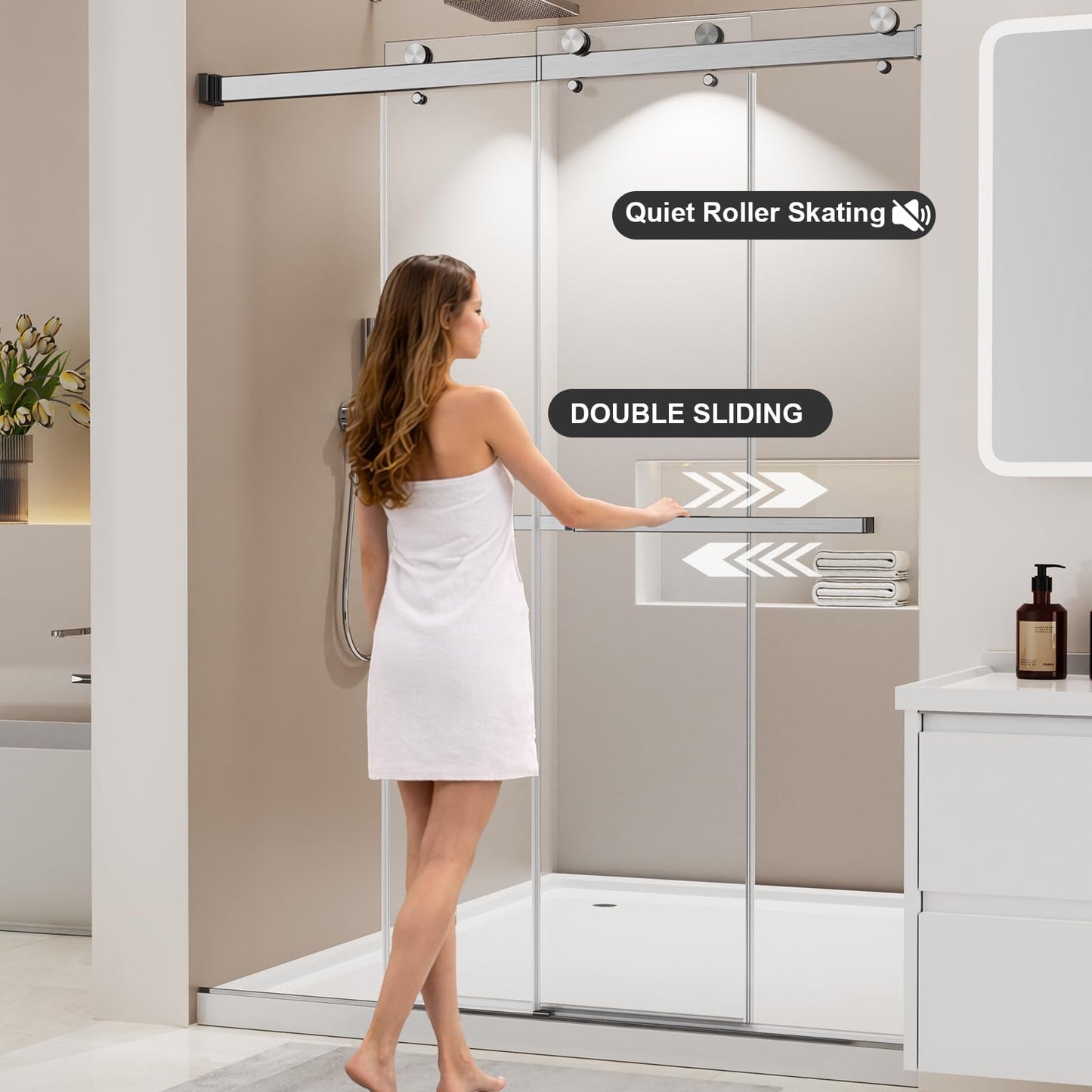 Frameless Stainless Steel Sliding Shower Door, 56-60" W x 72" H - 1/4” (6mm) Thick Tempered Glass Rust-Proof Glass Shower Door with Dual Tracks in Brushed Nickel