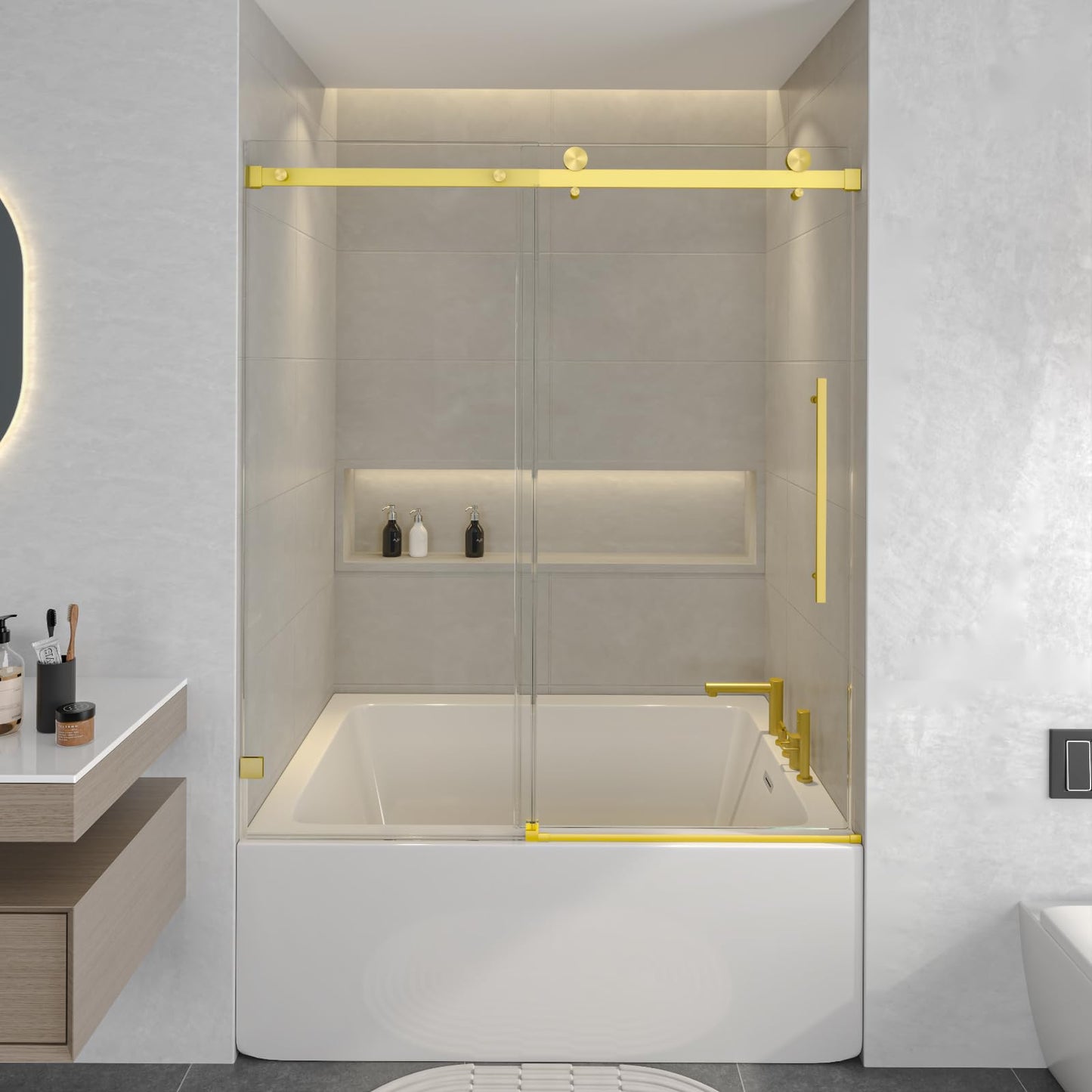 YSTISUON Brushed Gold Frameless Single Sliding Bathtub Shower Door, 54"-60" W x 60" H, 5/16"(8mm) Clear Tempered Glass with Explosion-Proof Film, Water Repellent EZ Clean Bath Glass Door for Tub