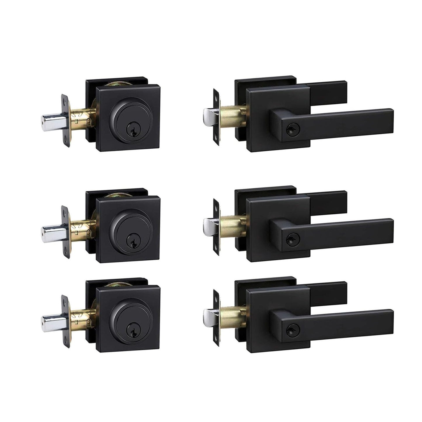 Exterior Door Lock Set with Deadbolt, Front Door Handle Set with Deadbolt, Door Levers Single Cylinder Deadbolt Set, Keyed Alike Heavy Duty Keyed Entry Handles Locksets,(Matte Black,3Pack)