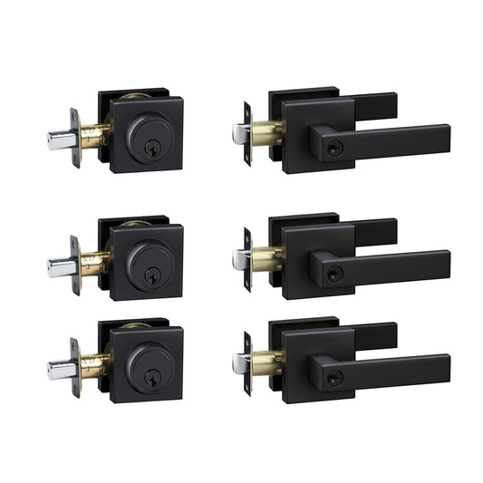 Exterior Door Lock Set with Deadbolt, Front Door Handle Set with Deadbolt, Door Levers Single Cylinder Deadbolt Set, Keyed Alike Heavy Duty Keyed Entry Handles Locksets,(Matte Black,3Pack)