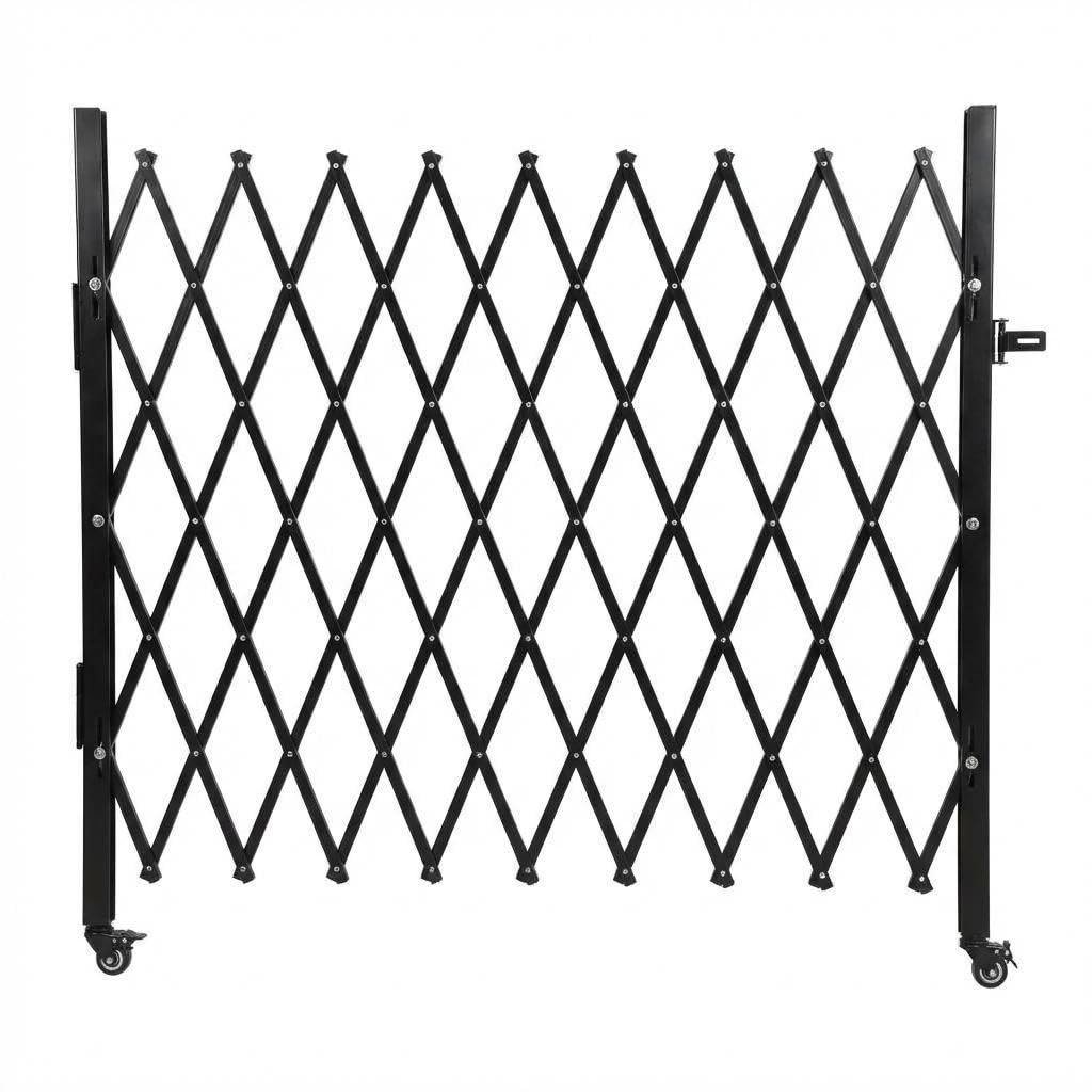 50" High x 67" Wide Expanding Security Gate. Black Aluminum Folding Scissor Gate with 360° Rolling Design. a Flexible and Portable Barricade for Driveways, Doors, and Access Control.