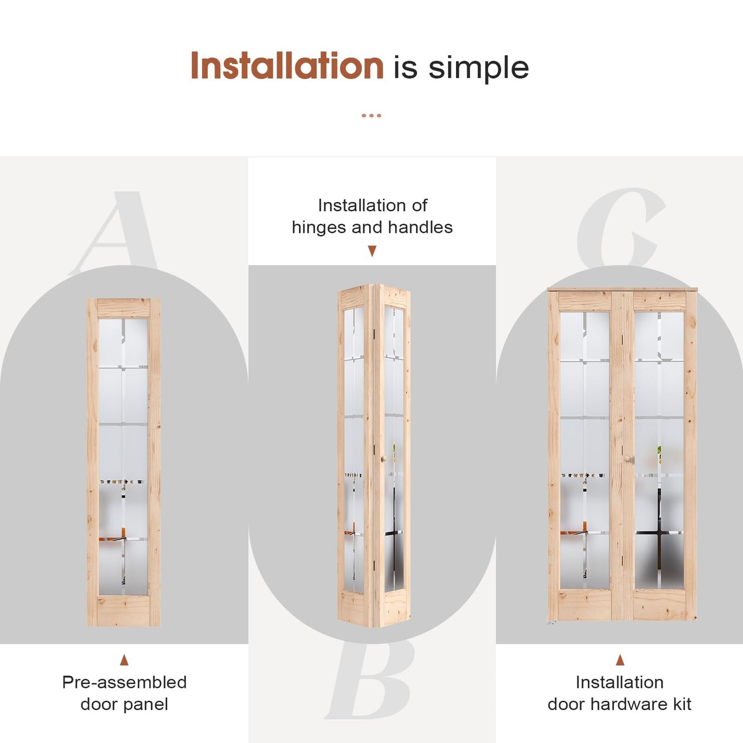 Preassembled Bi-Fold Doors, for 36 x 80 inch Opening,Tempered Frosted Glass Cross Transparent Folding Barn Door with Concealed Hardware Kit,Wood French Doors,Easy Installation
