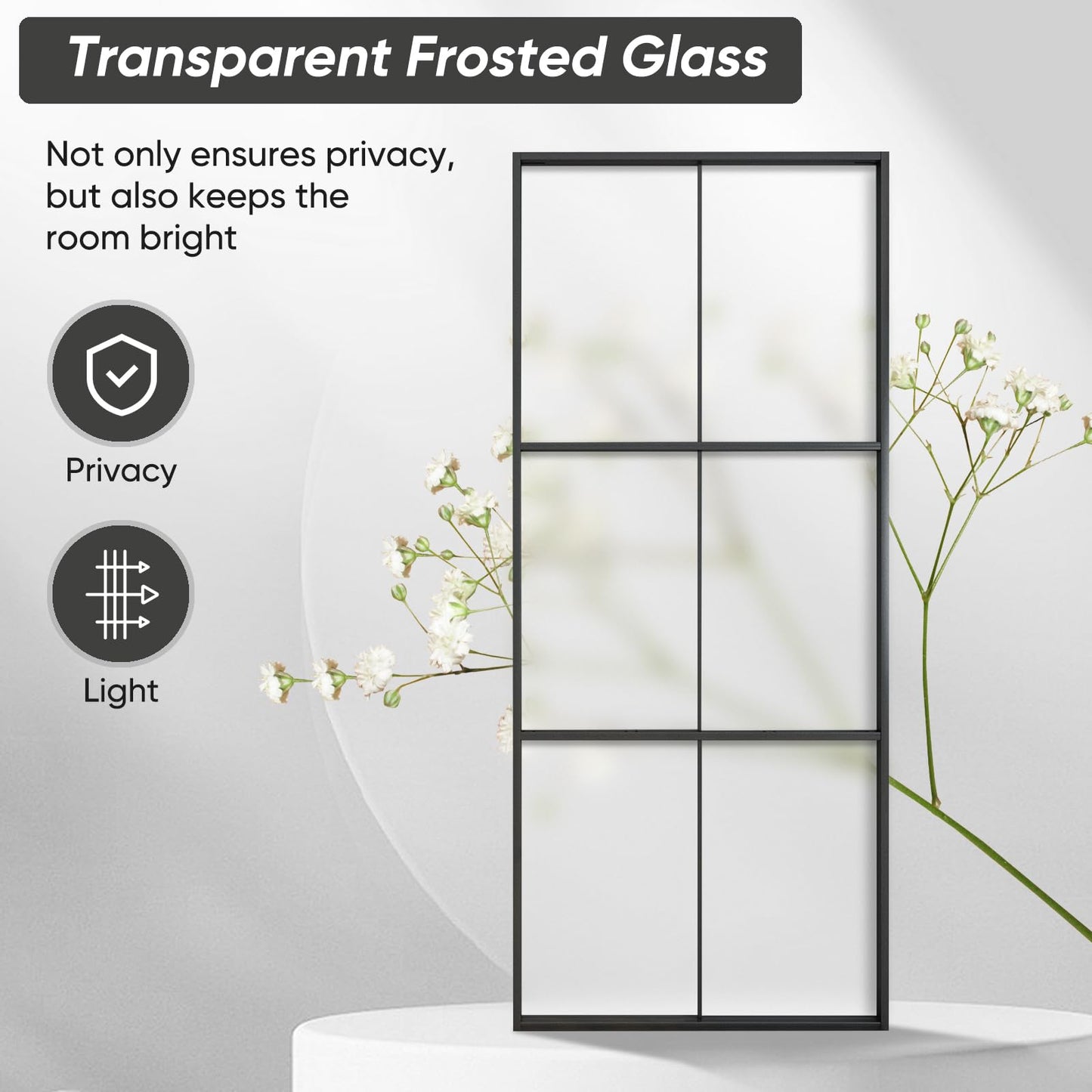 BARNSMITH 36in x 96in Glass Barn Door with 6FT Hardware Included, Aluminum Alloy Frame Frosted Tempered Glass, 6-Lite Lightweight Sliding Barn Door, Easy Assembly