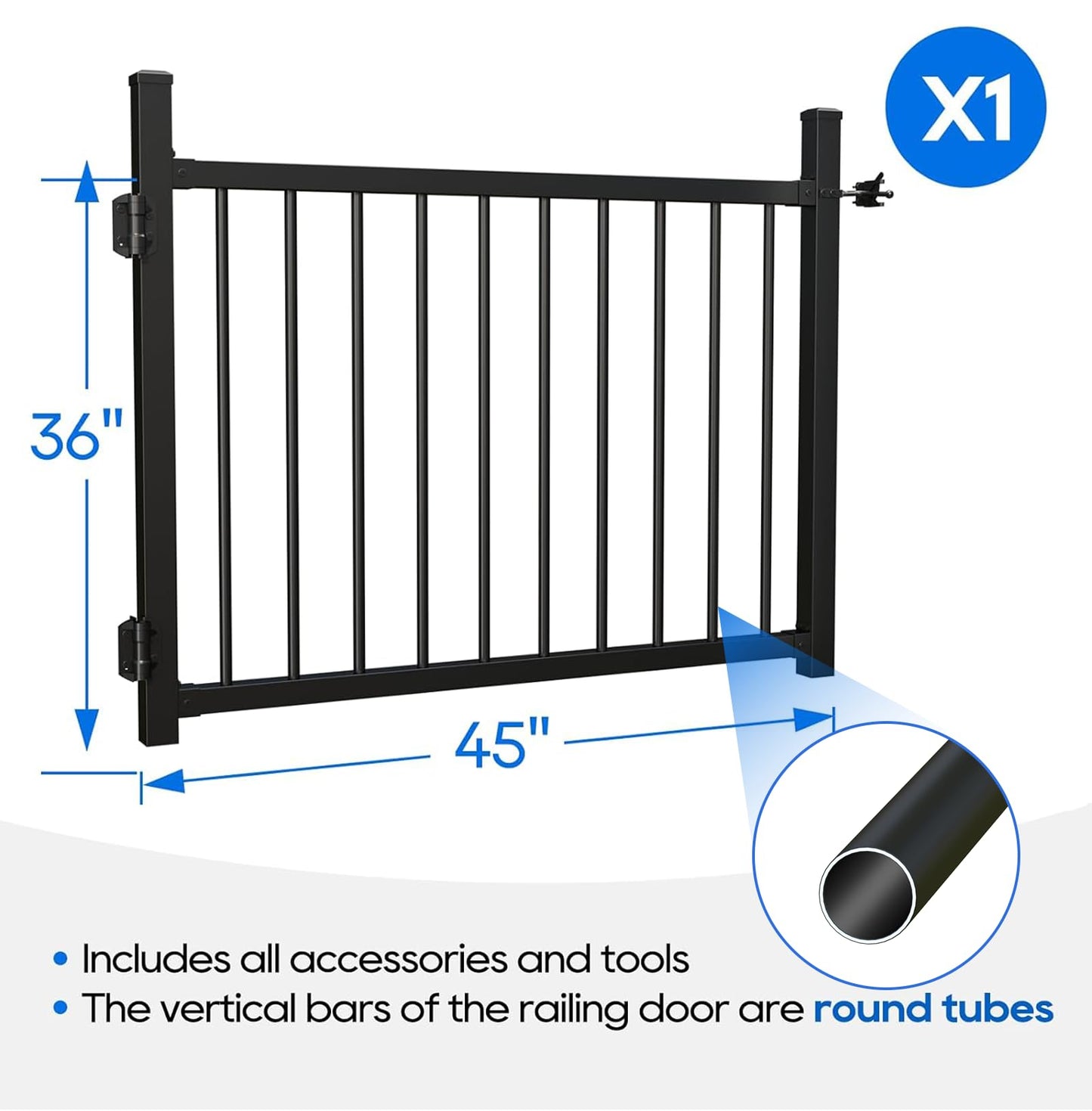 Coliwel 36"x45" Aluminum Gate with Self-Closing Hinges,Round Tube 3/4" pickets,DIY Adjustable Width Black Powder Coated Deck gate Kits Incl. Hinges Latch for Deck Railing Patios Gardens Indoor Outdoor